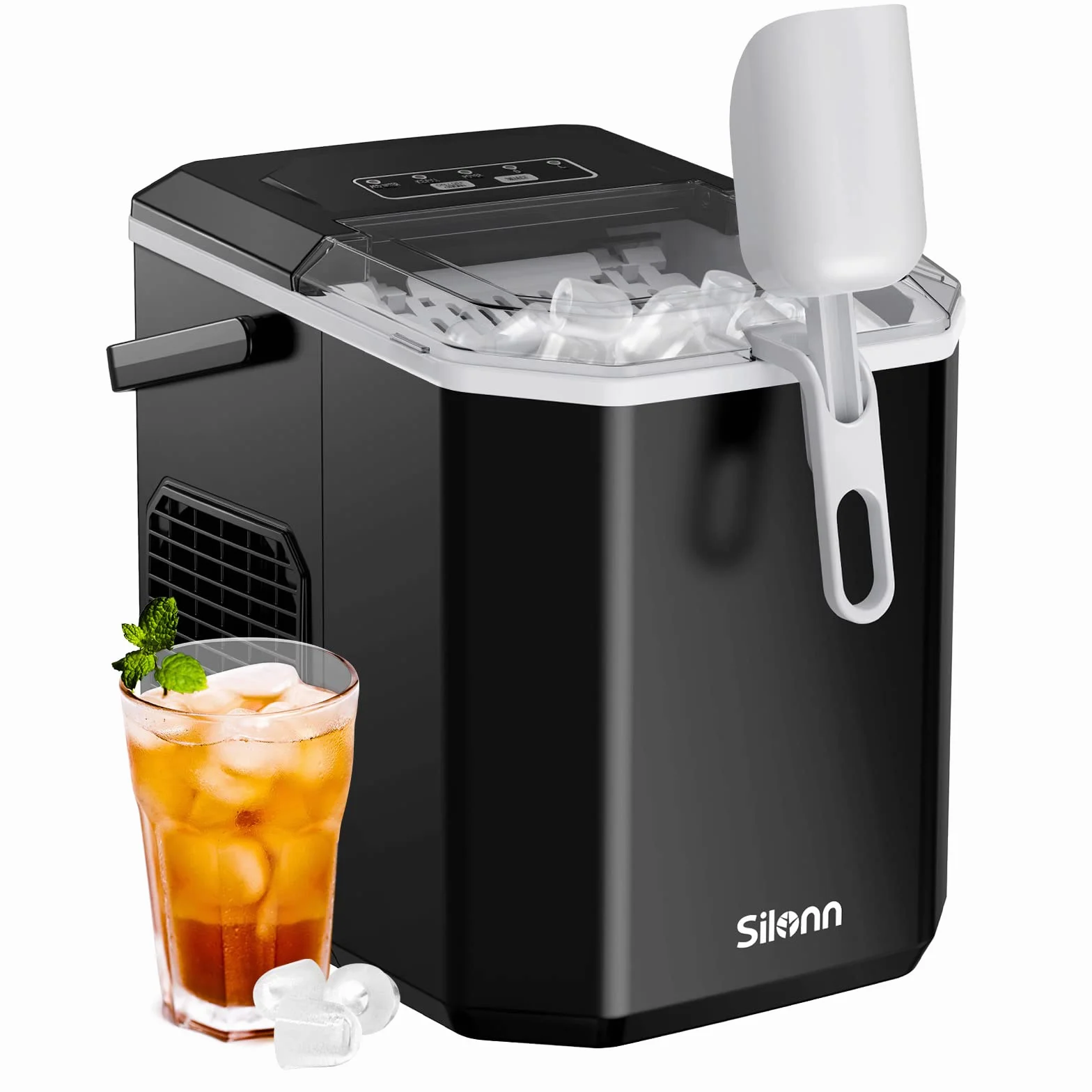 Silonn Máquina de Hielo Pequeña con Asa de Transporte, Máquina de Hacer Hielo Autolimpiable con Cesta y Pala, 9 Cubos en 6 Minutos, 12 kg por Día, Ideal para Casa, Cocina, Camping y RV