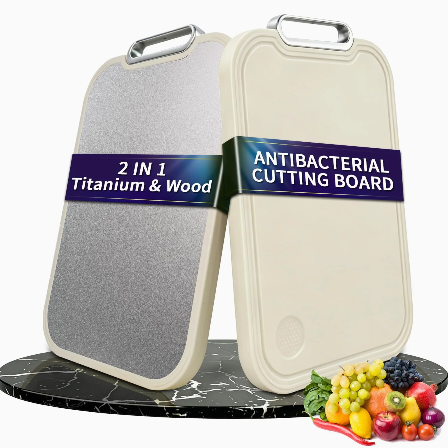2 en 1 Tabla de Cortar de Titanio + Madera,Tabla de Cortar Antibacteriana y Resistente,Tablero de Corte con Ranura para Jugos y Borde,Ideal para Carne,Frutas,Verduras o Amasar (Titanio + PP)