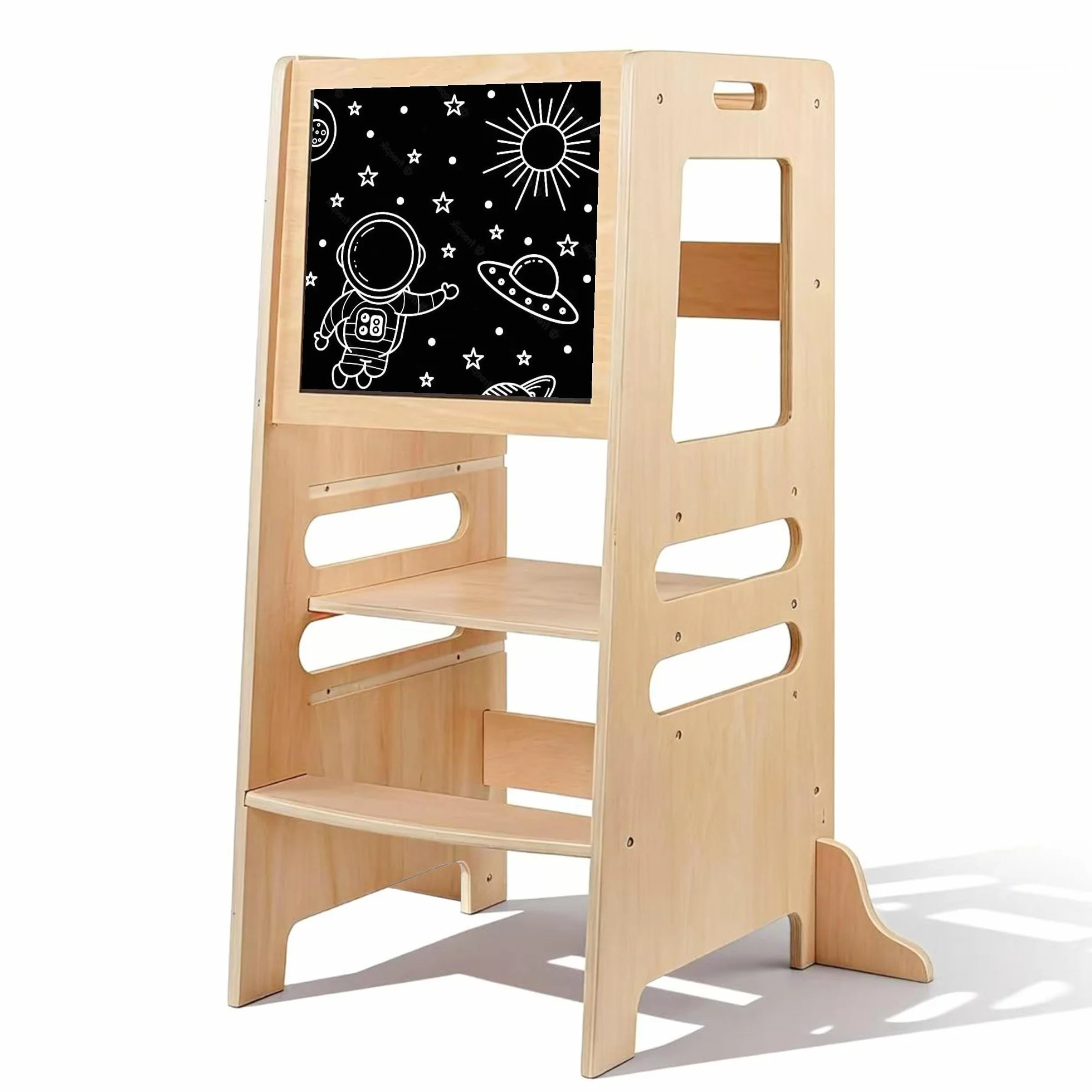 Torre de Aprendizaje Montessori de Madera para Niños, Taburete de Cocina Regulable 1-5 Años con Barra de Seguridad