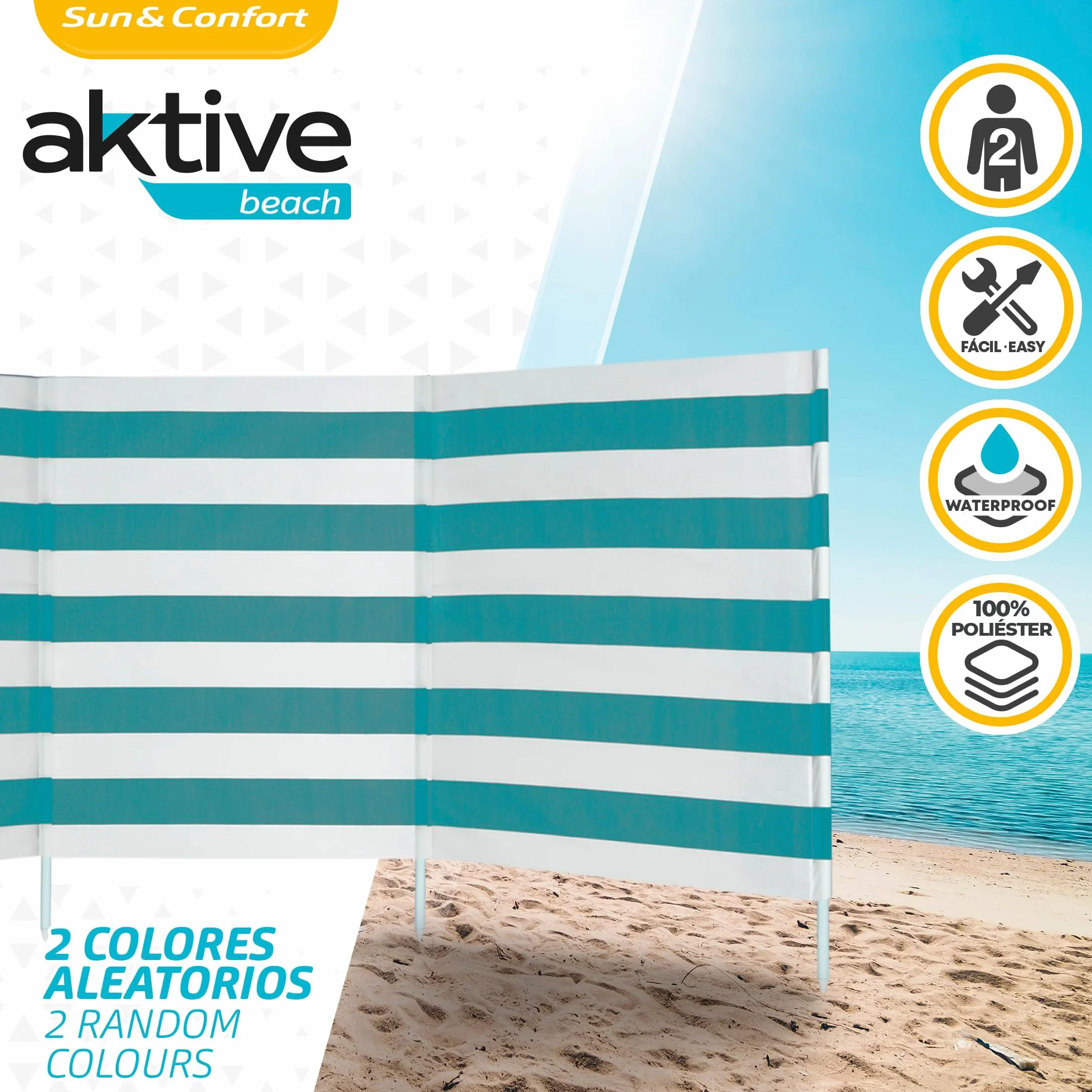 AKTIVE Paravientos de Playa Biombo, Paneles de Poliéster, Tubos Metálicos con Punta Afilada, Incluye Funda