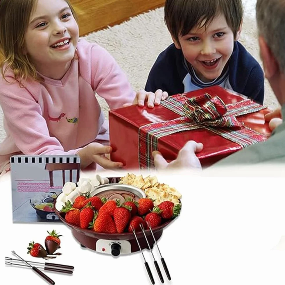 Juego de Ollas para Fondue, MáQuina EléCtrica para Hacer Fondue de Chocolate con 4 Tenedores, Kit de MáQuina para Fundir Queso, Control de Temperatura. Enchufe Europeo