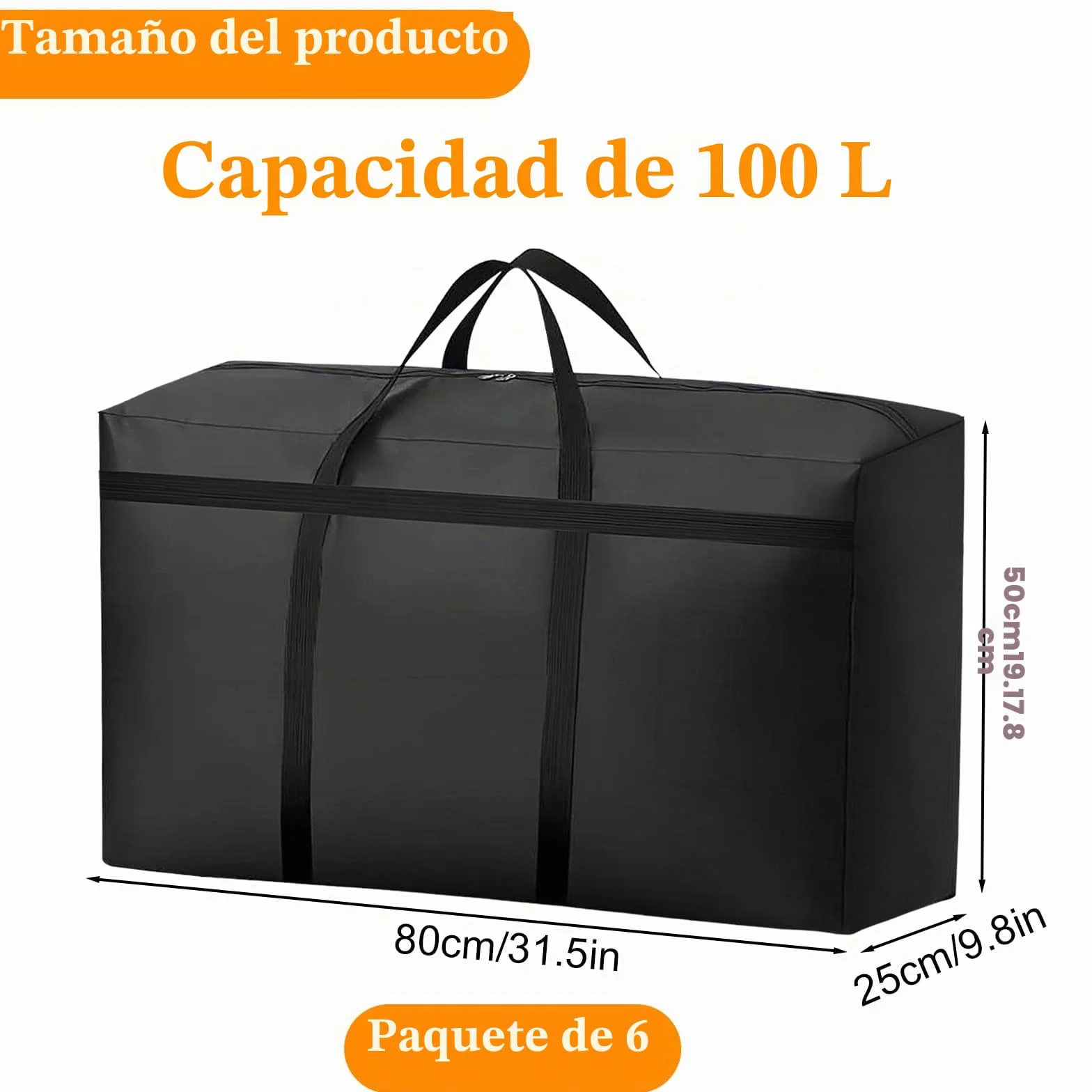 KOMABLEN 6 Piezas 100L Bolsas Almacenaje Ropa, 600D Oxford Impermeable Cajas para Guardar Ropa con Cremallera y Asa, Negro Plegable Bolsas Mudanza Grandes para Edredones, Mantas