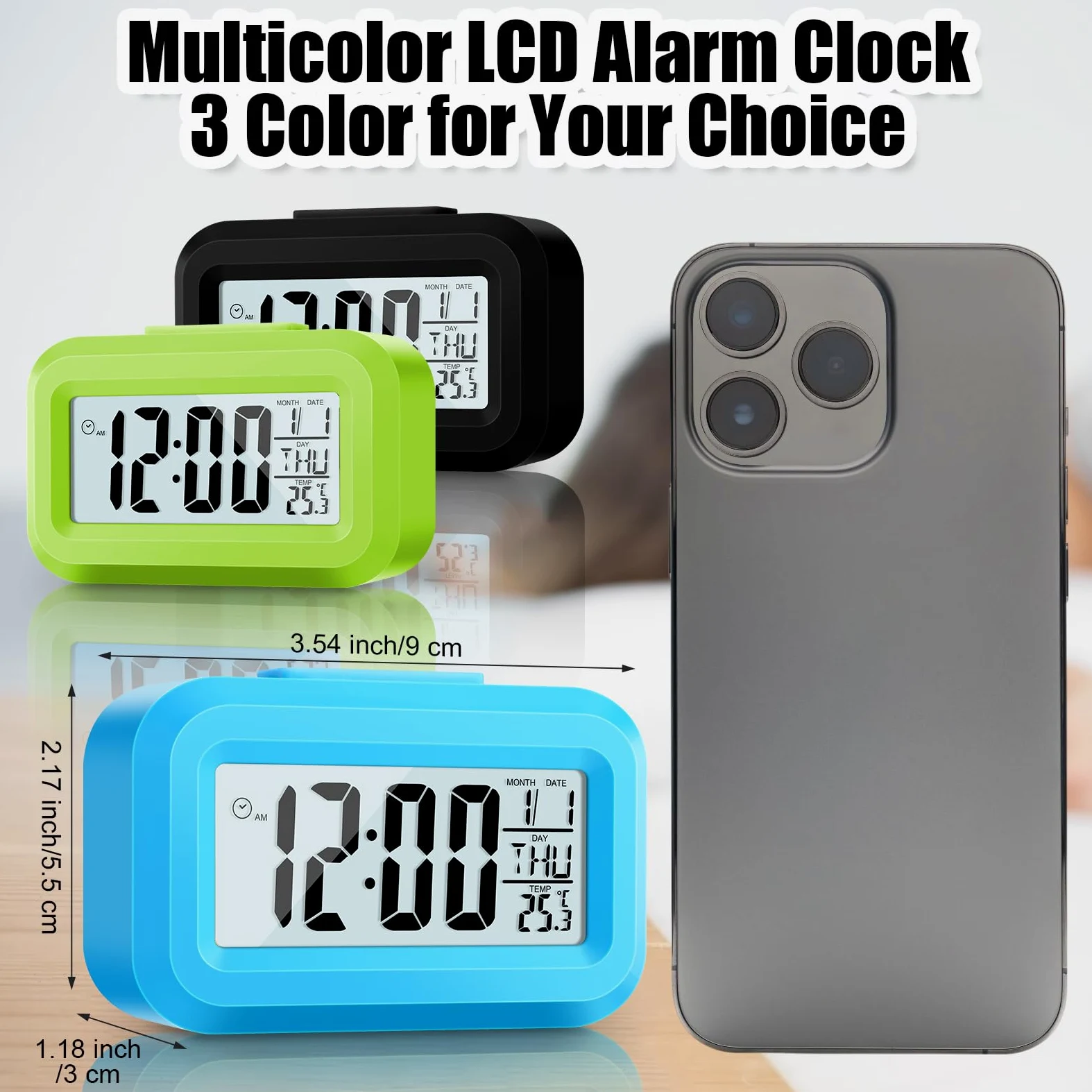 Highergo Paquete de 3 relojes despertadores digitales con pantalla LCD grande, funcionamiento simple, luz de fondo de repetición, hora, fecha, mes, reloj multifunción de temperatura para dormitorios,