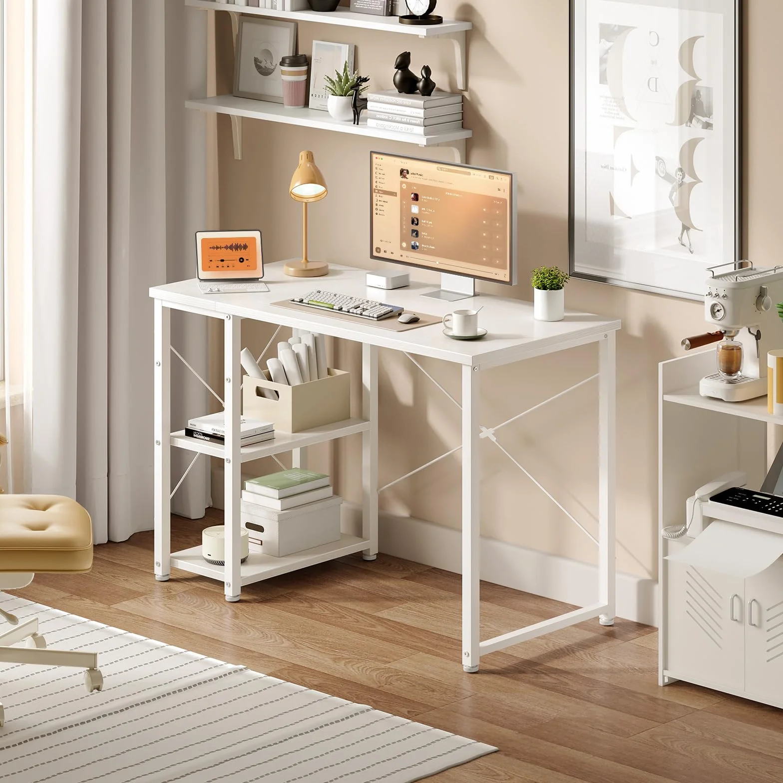 ODK Escritorio con Estantería Reversible, 100x48cm Mesa Escritorio con Estantes de Almacenamiento, Mesa Oficina Mesa Ordenador para en Casa, Estudio y Gaming, Blanco