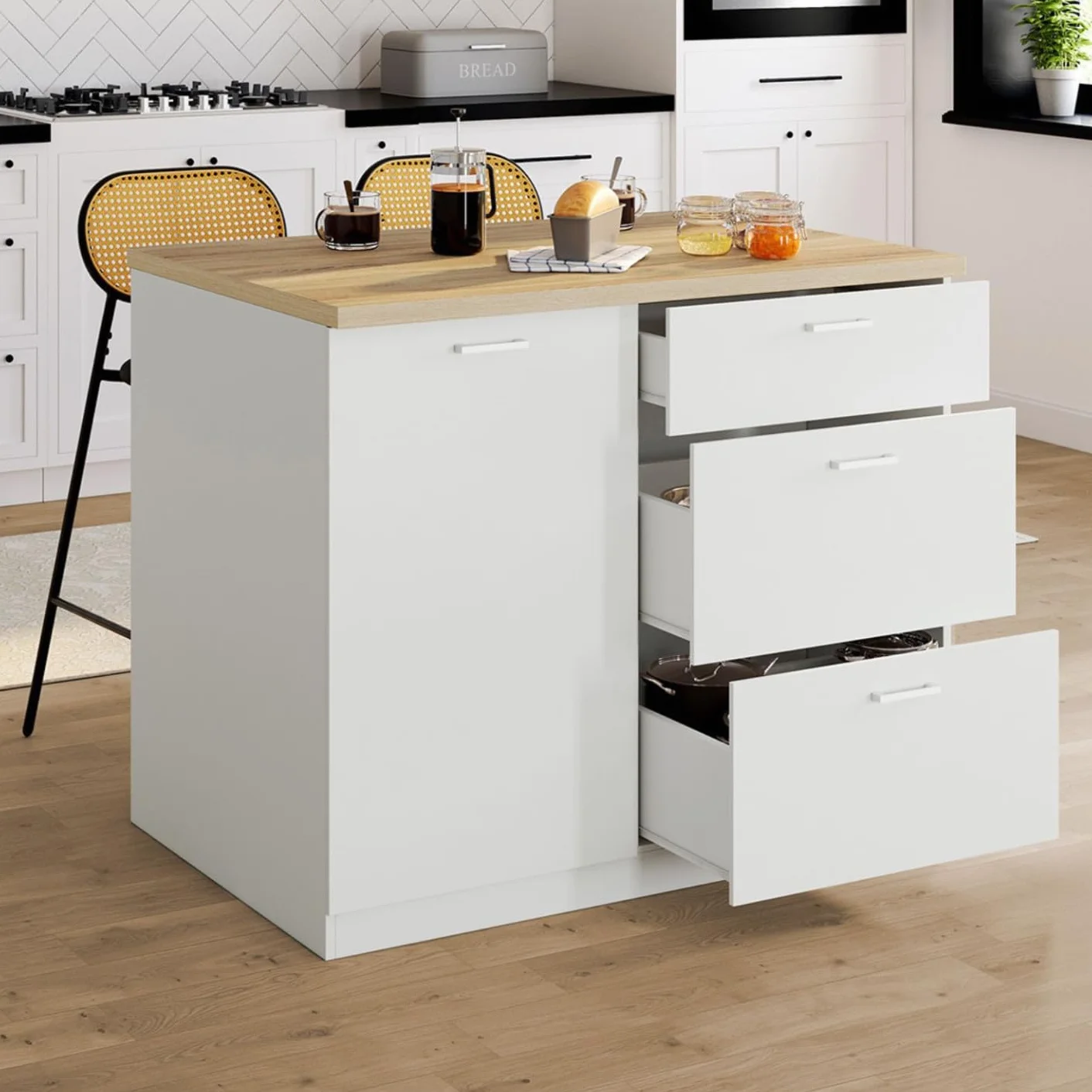 IDMarket - Isla central TIBO 110 cm de extensión frontal con 3 cajones de madera blanca con encimera de haya