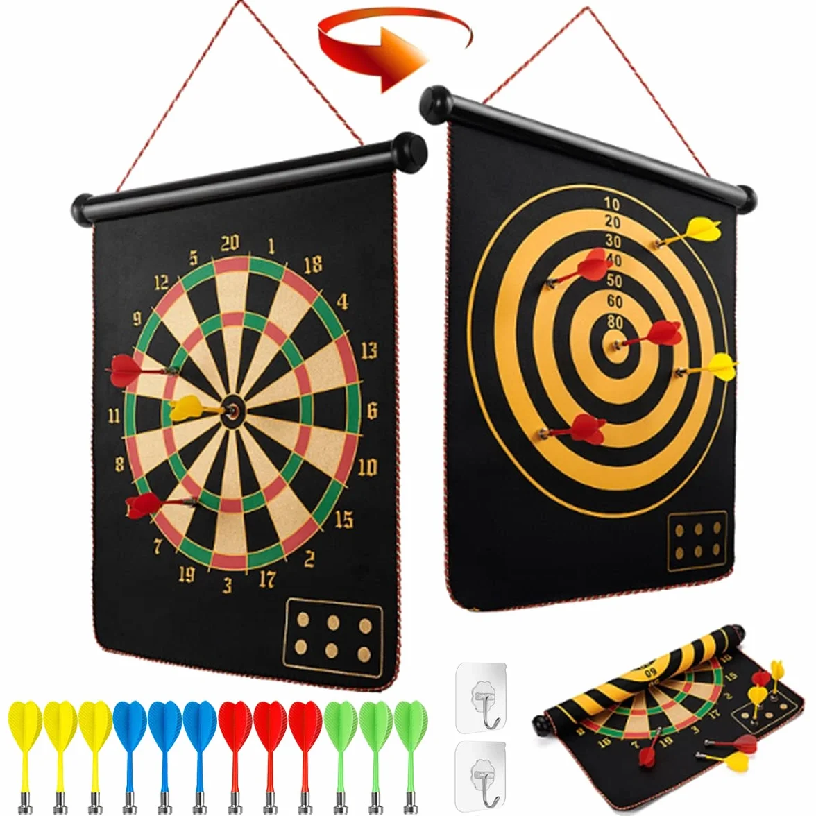 LiRiQi Tablero de Dardos Magnético 38cm Doble Cara Juego Interior Exterior con 12 Dardos