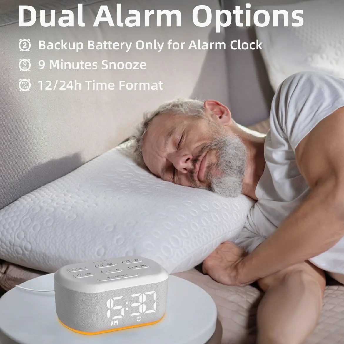 Reloj despertador dual con luz nocturna para dormitorio, reloj digital con 30 sonidos de despertador, reloj despertador para personas que duermen pesadas, repetición de 32 grados de volumen