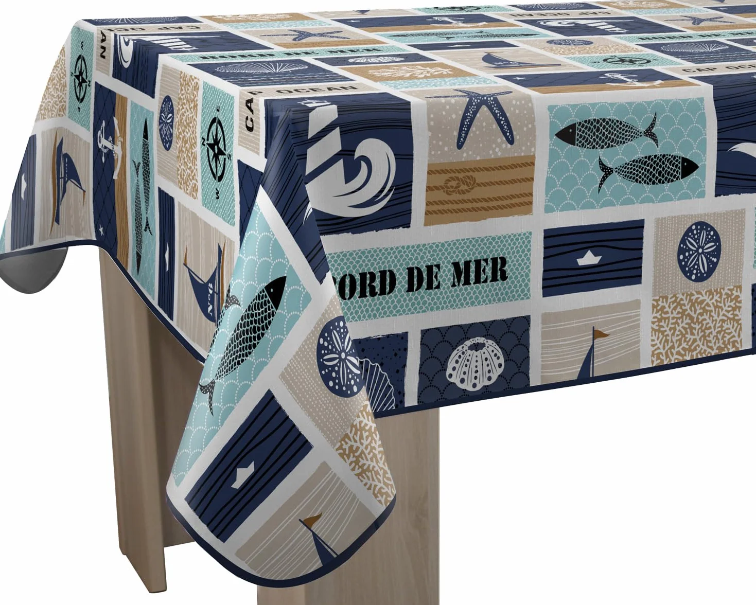 Mantel Antimanchas con Borde de mar, rectángulo, 150 x 240 cm, Azul, Beige