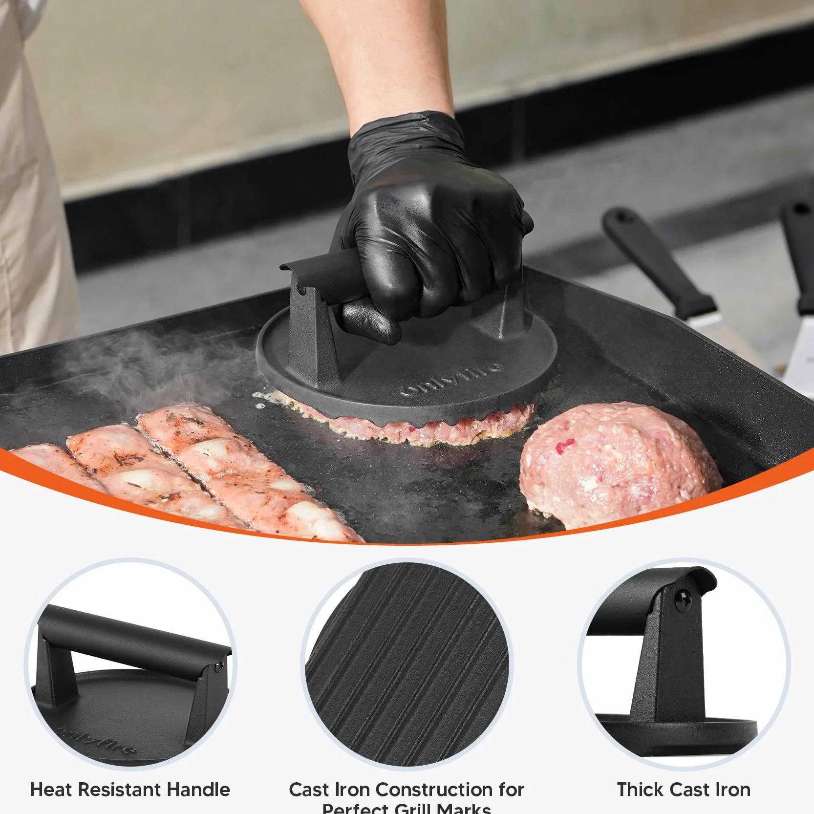 onlyfire Smash Burger Kit, Smash Burger de Hierro Fundido de Φ15,2 cm y 2 Tapa para Hamburguesas de Φ22,8 cm, Kits de Utensilios Profesionales para Barbacoa, Teppanyaki y Camping