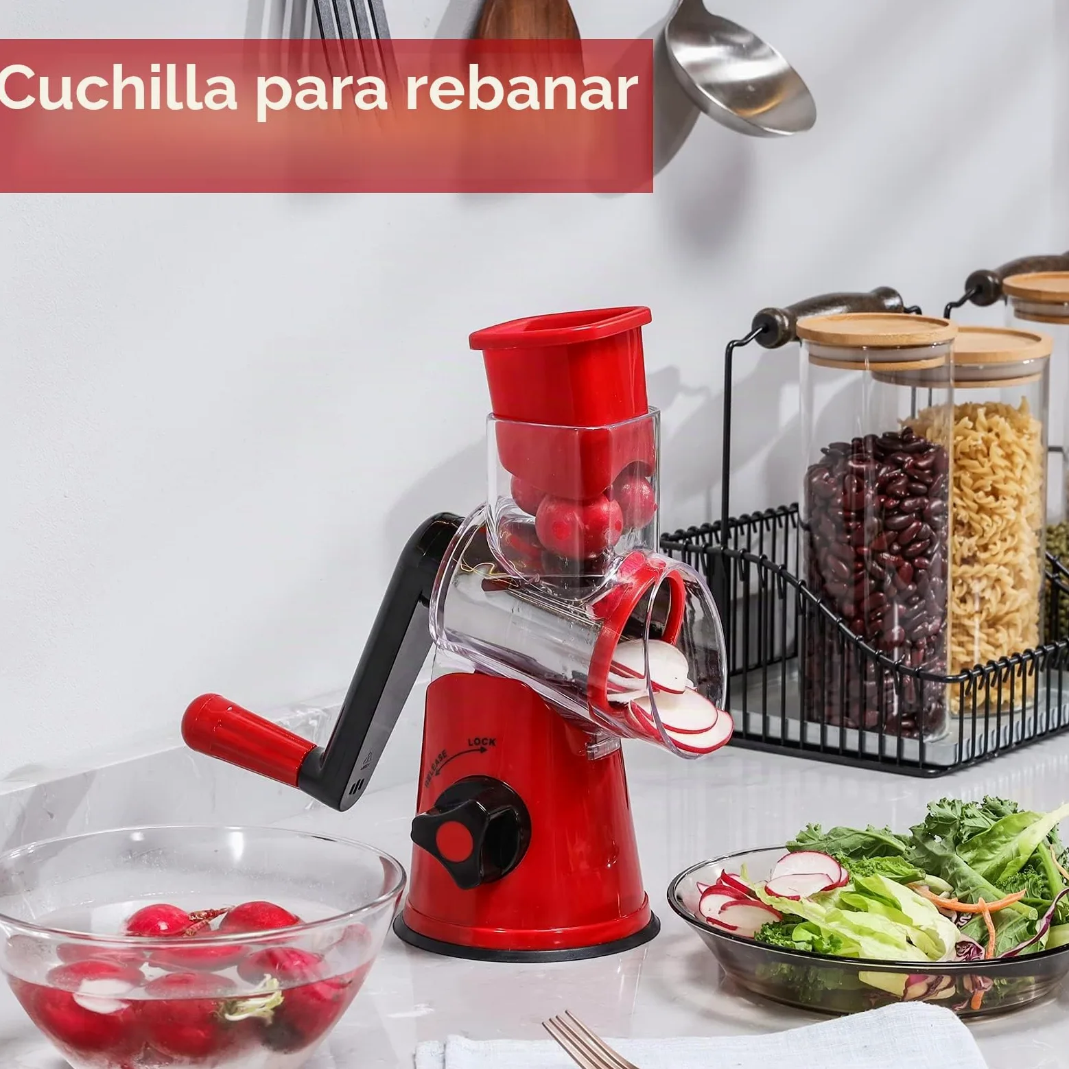 GDL Rallador de Queso, 3 Cuchillas Cortador de Verdura, Rallador Cocina | Versatilidad, Acero Inoxidable 430, Corte Rápido, Fácil Limpieza, Fuerte Ventosa, Seguridad de uso, Sin BPA, Mango Ergonómico