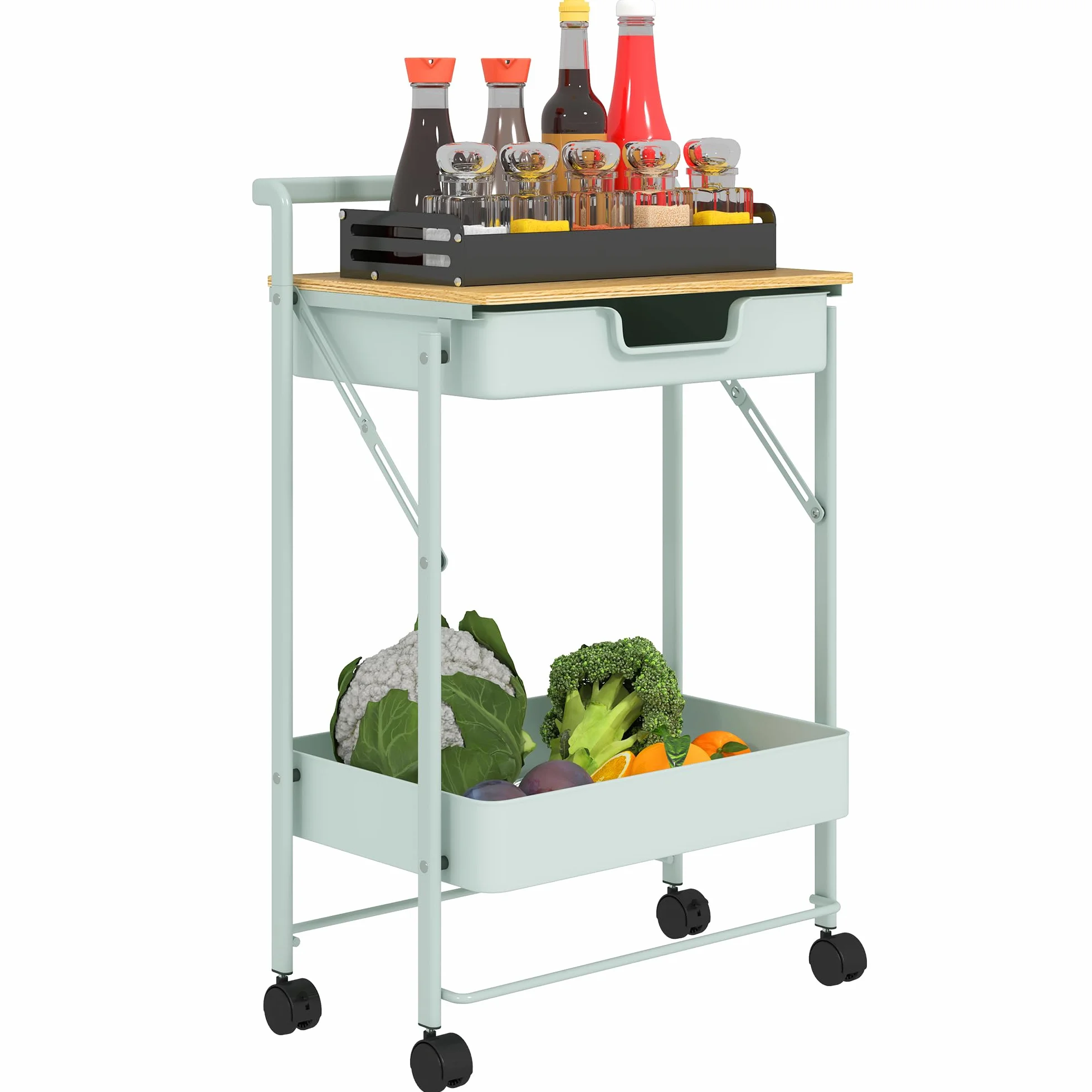 HOMCOM Carrito Auxiliar con Ruedas de 2 Niveles Carro de Cocina con 1 Cajón y 1 Cesta Carrito Organizador para Dormitorio Salón Oficina Verde Claro