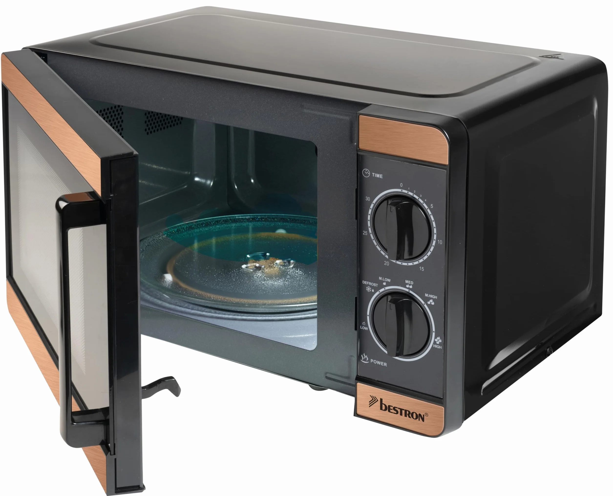 Bestron Microondas de 700 W, panel de control de dos piezas con 6 niveles y 30 min. Temporizador, regulable sin niveles, con plato giratorio de 24,5 cm para todos los tamaños comunes, colección de