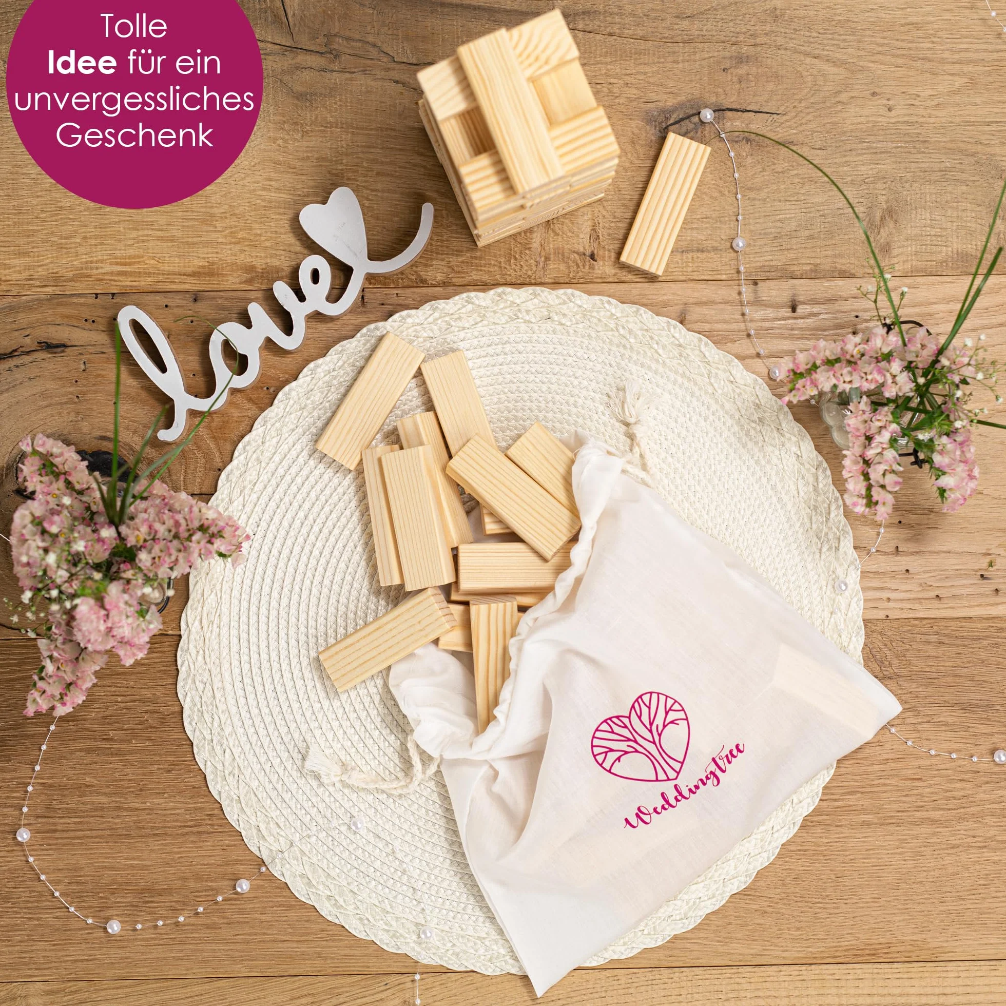 WeddingTree Libro de Firmas Bodas como Torre de Madera - con 72 Piedras, Bolsa de Almacenaje y 3 Rotuladores Metálicos - Libro Firmas Boda - Detalles para Bodas - Album para Firmas - Album Firmas Boda