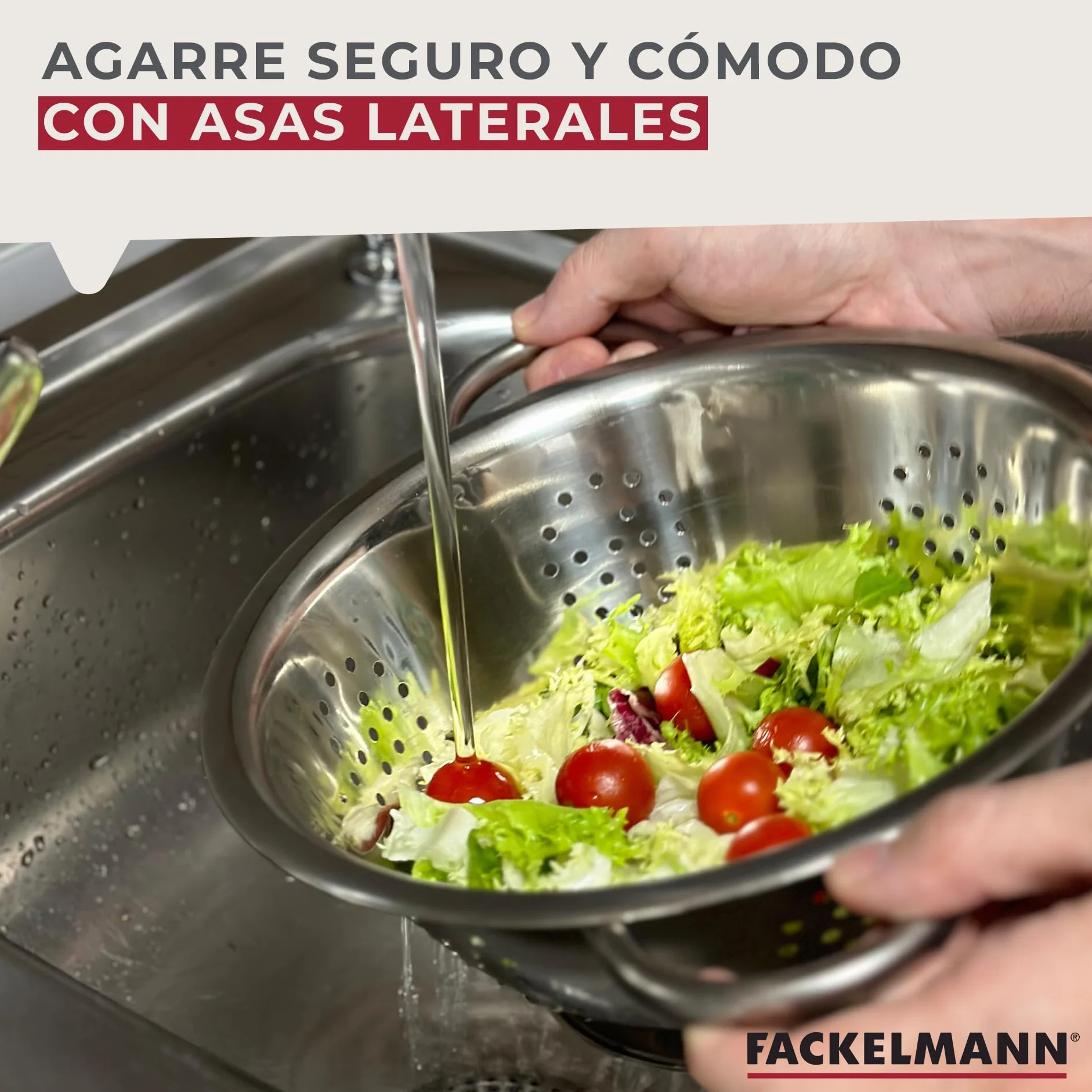 Fackelmann Colador de Cocina y Escurridor en Acero Inoxidable, Colador con Asas y Peana Estable, Idóneo para Escurrir Ensalada, Pasta, Arroz, Legumbres y Verduras, 24cm, 1 ud.