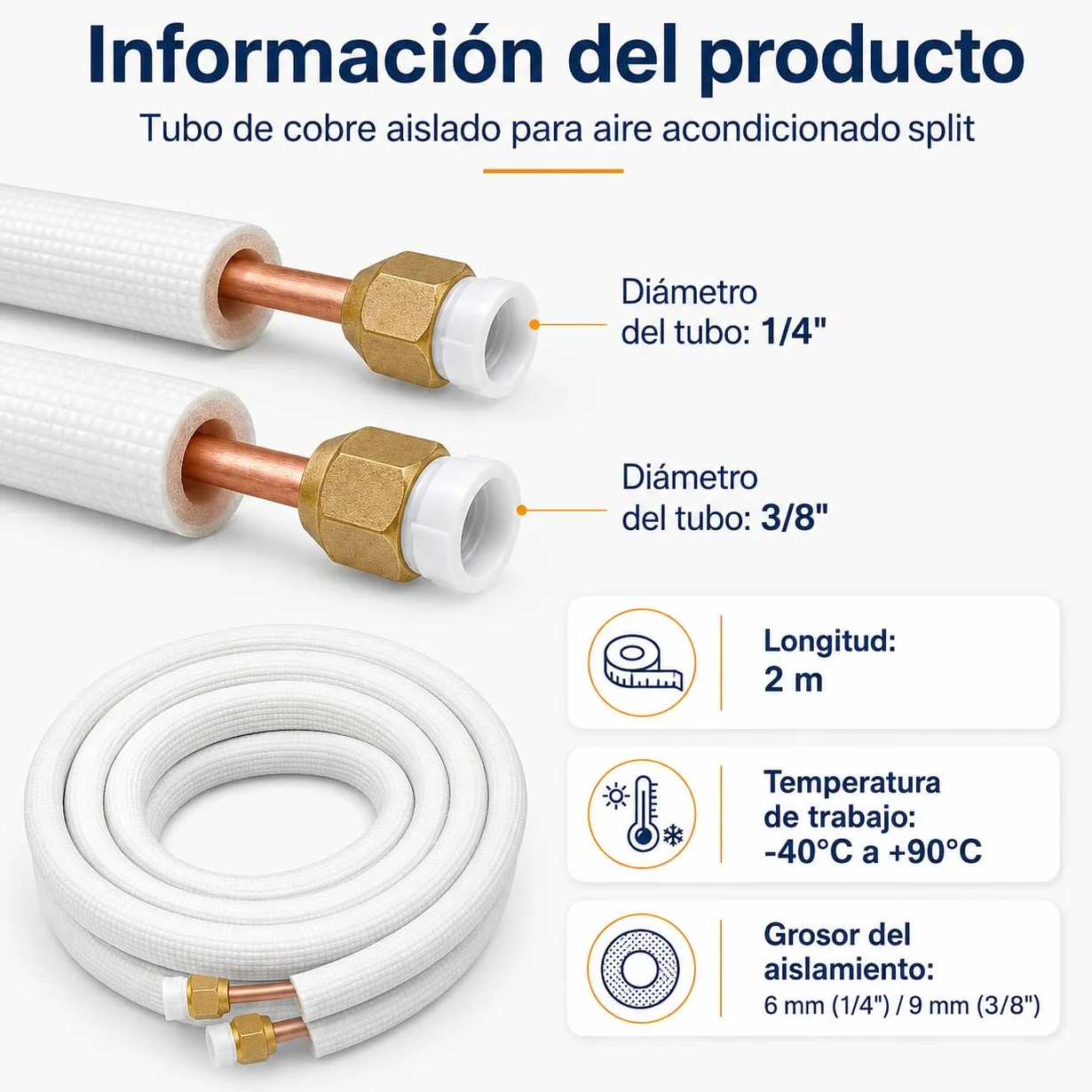 Kit de Tubería de Cobre Aislada para Aire Acondicionado Split, 1/4" y 3/8", Compatible con R32, R410A y R407C, Tubo Frigorífico con Tuercas (300, Centímetros)