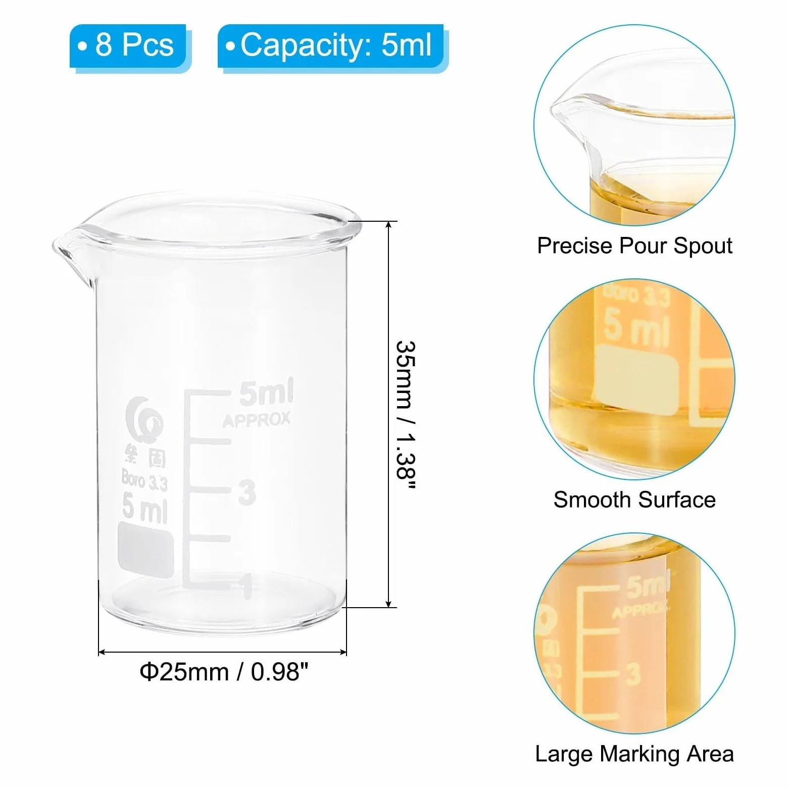 Vaso de precipitados de laboratorio, Tazas medidoras de forma baja 5 ml, 8 piezas con boquilla vidrio borosilicato, varios tamaños, cocina laboratorio(5ml)