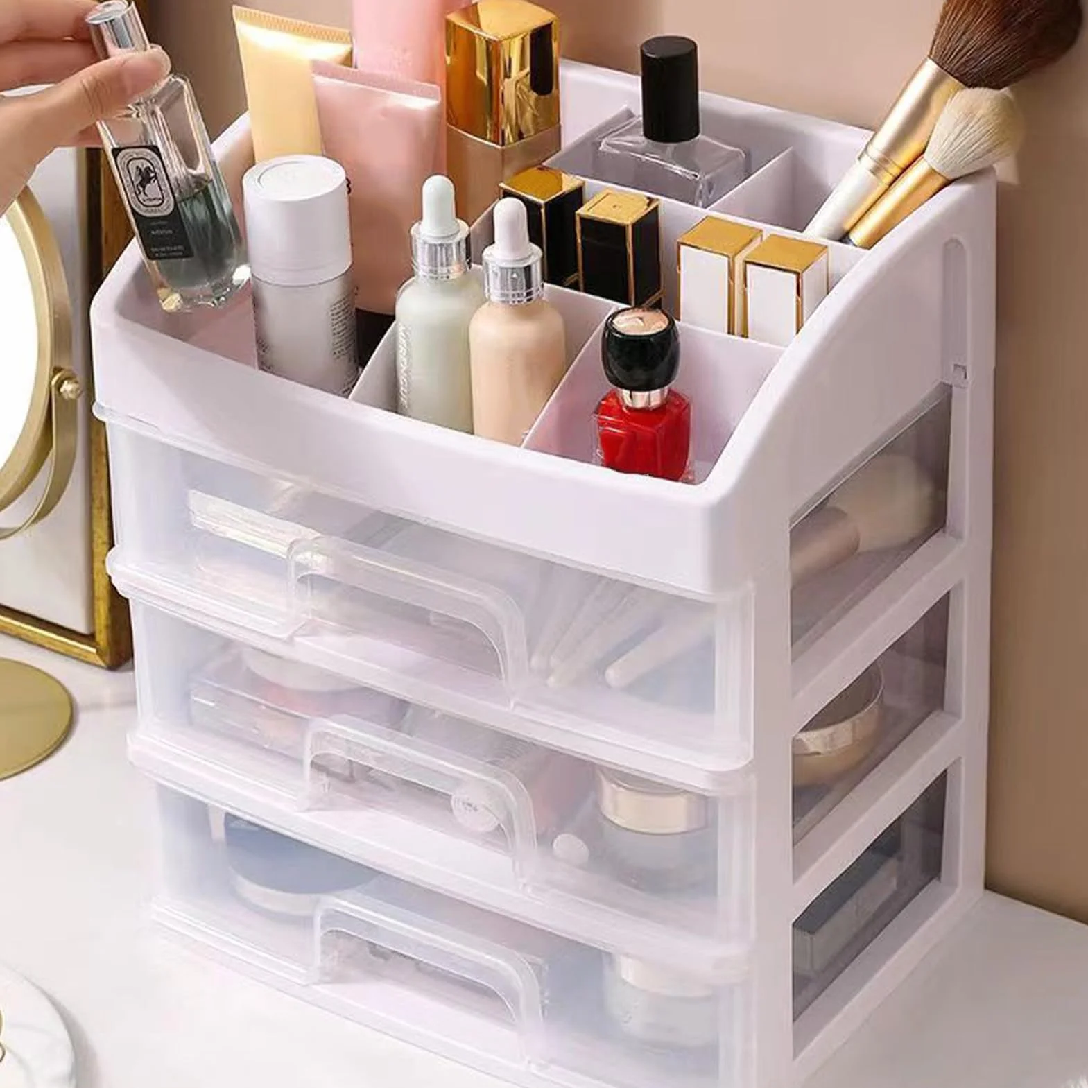 Organizador de Maquillaje con 3 Cajones Transparente, Caja de Almacenamiento para Cosméticos, Accesorios y Joyería, Plástico Resistente, Multifuncional, Ahorro de Espacio