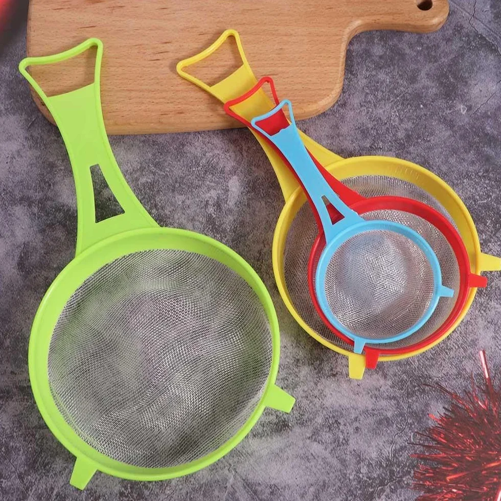 Juego de 4 Coladores de Malla Fina de Plástico con Mango Largo para Harina, Leche de Soja, Yogur, Té, Jugo, Azúcar - Herramientas de Cocina Multiusos