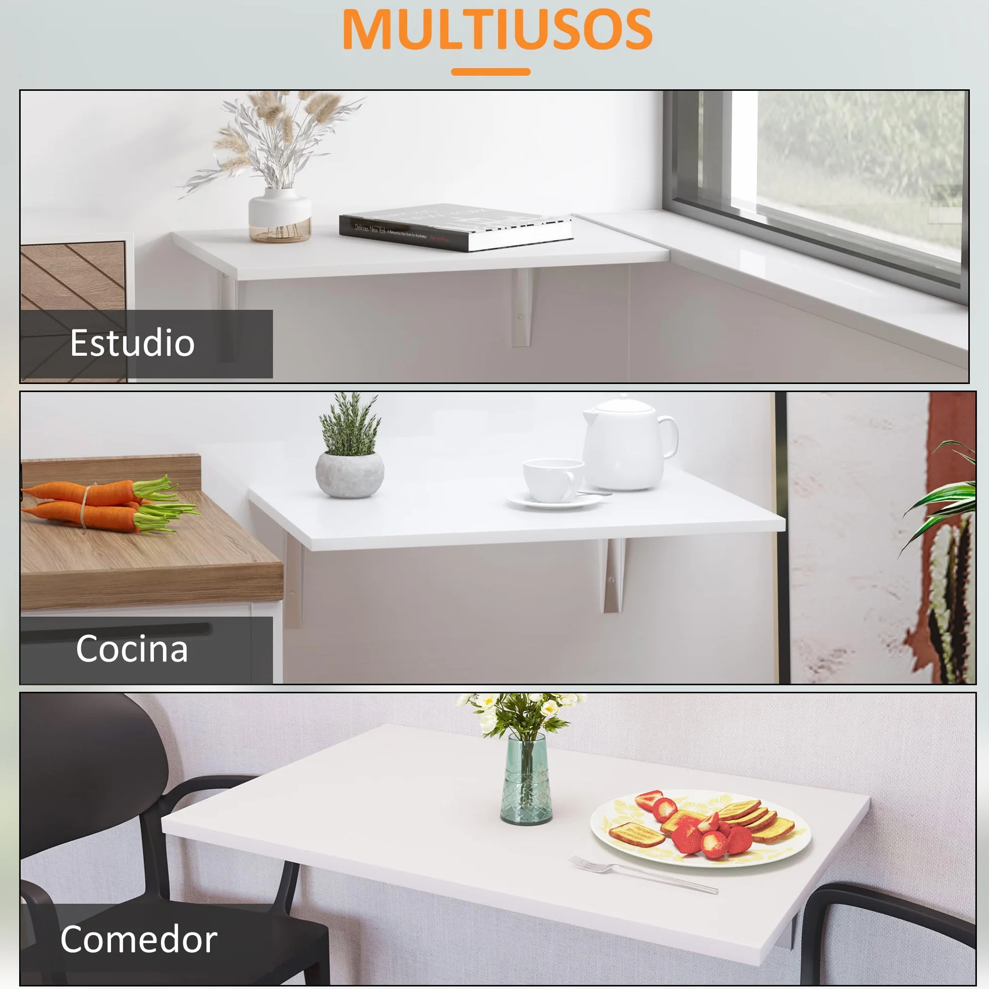 HOMCOM Mesa Plegable de Pared Mesa Abatible de Pared de Madera Ahorra Espacio para Cocina Comedor Dormitorio Carga 10 kg 60x40x20 cm Blanco