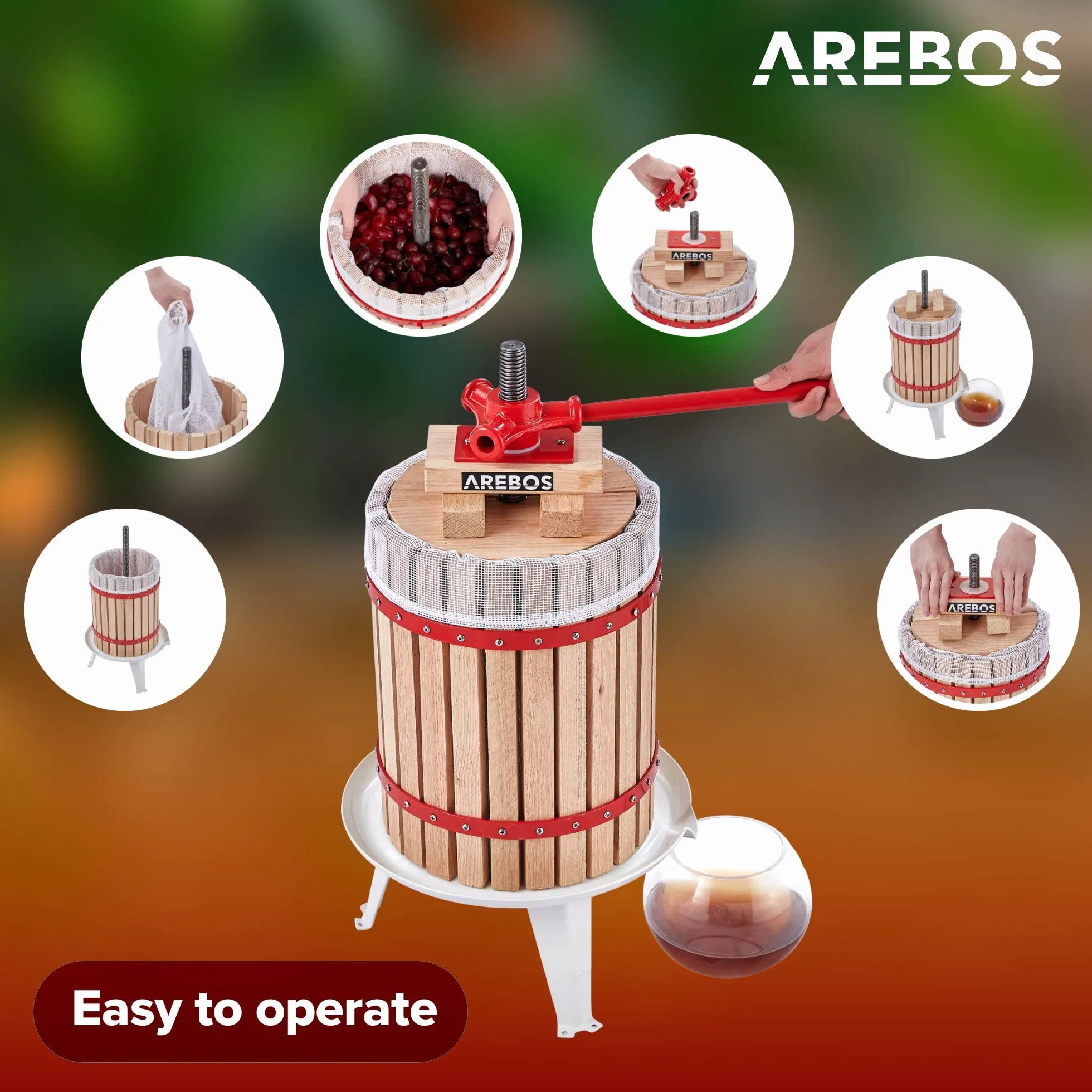 Arebos Prensa de Frutas 18L | Exprimidor Manual I Prensa de Bayas Incl. Tela de prensar, Placa de presión y husillo metálico I para Todo Tipo de zumos y Verduras