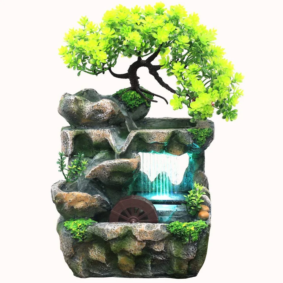 Fuente Agua Decorativa, Fuente de Interior con Iluminación LED Fuente de Mesa de Resina Cascada de Meditación Zen con Rueda Feng Shui Bomba Silenciosa Decoración de Mesa para Escritorio