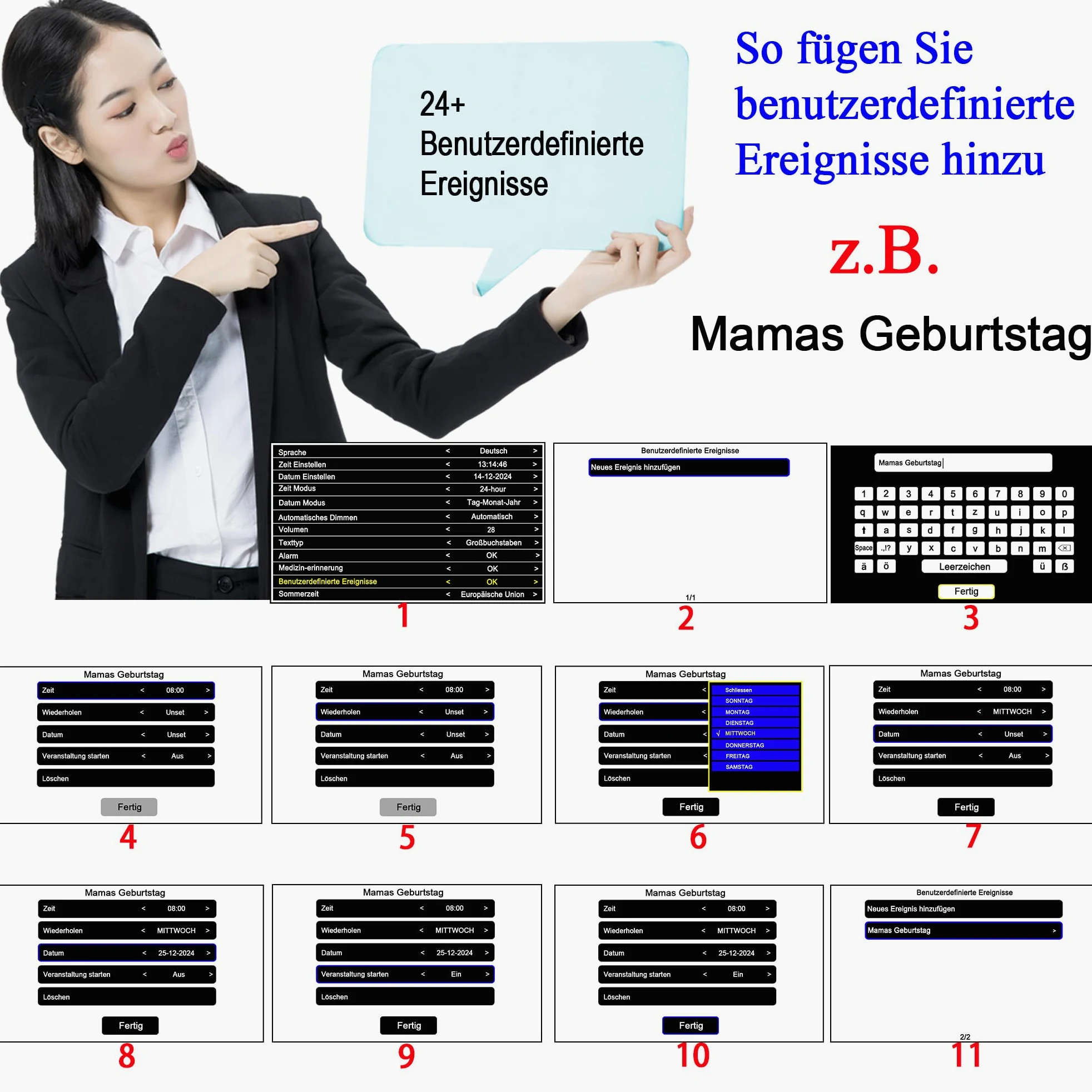 SINOIDEAS Reloj despertador digital de 7 pulgadas para personas mayores, con calendario, 22 recordatorios personalizados y 17 temas (blanco)
