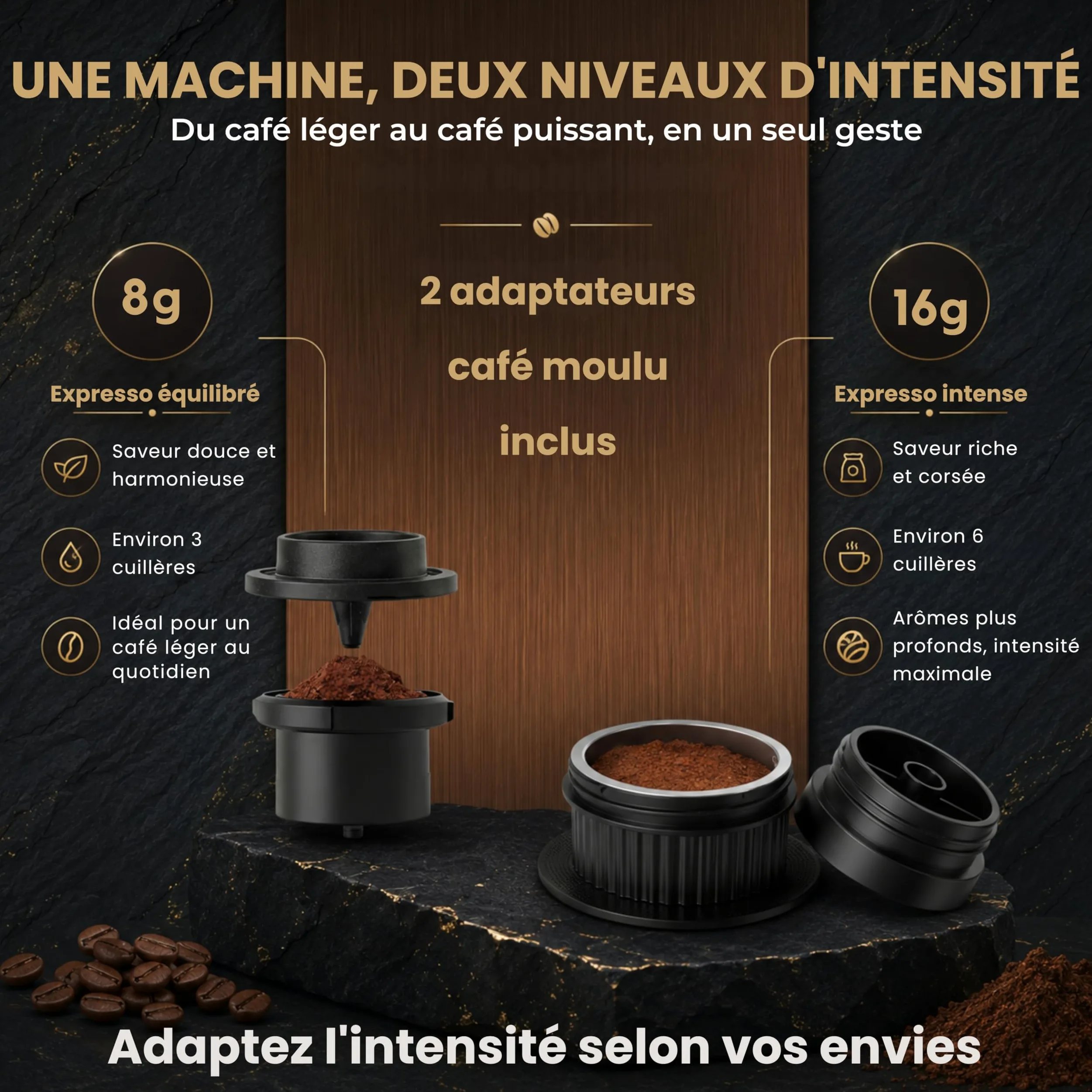 Cafetera portátil eléctrica con calefacción automática, 20 bar – 3 en 1 compatible con cápsulas NES, DG y café molido, 80 ml – Pantalla LED – Funda + soporte incluido – Recargable USB-C