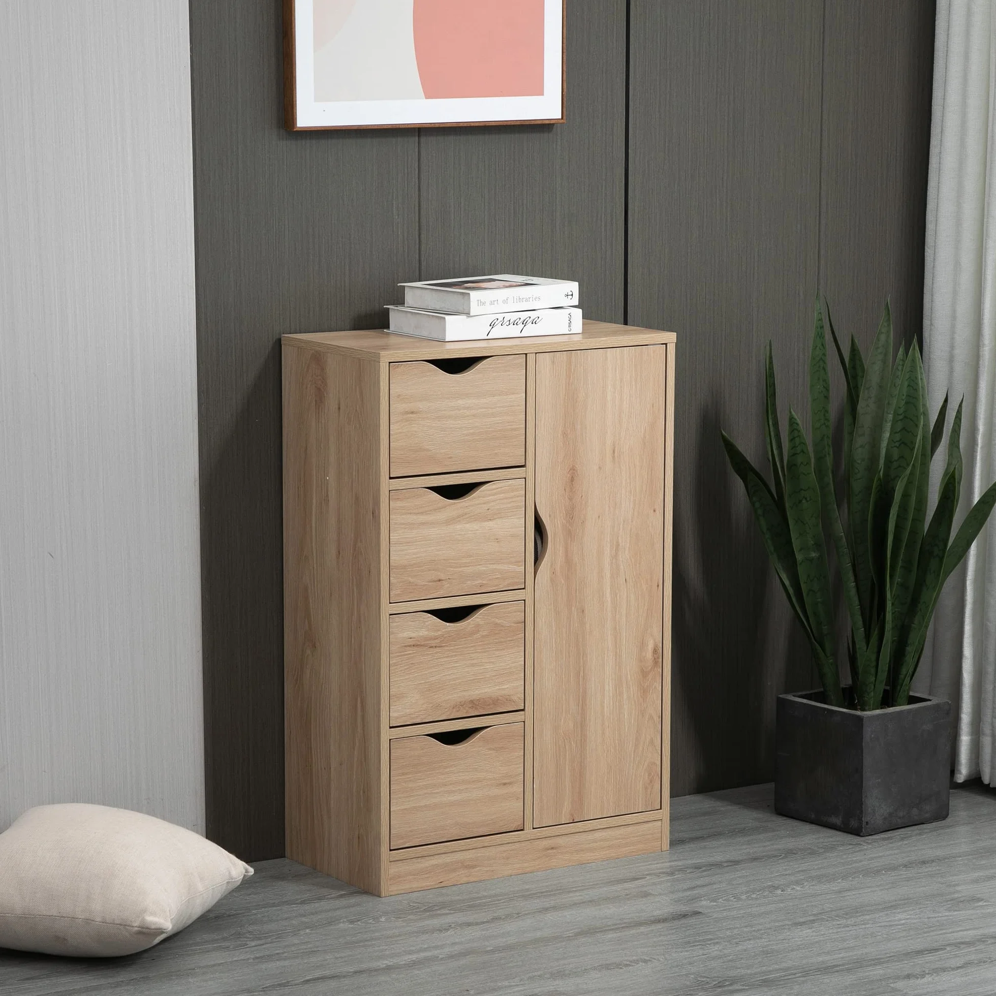 HOMCOM Armario de Salón Aparador Auxiliar con 4 Cajones 1 Puerta y Estante Interior Mueble de Almacenaje Multiusos para Baño Dormitorio Comedor 54x29x83 cm Roble