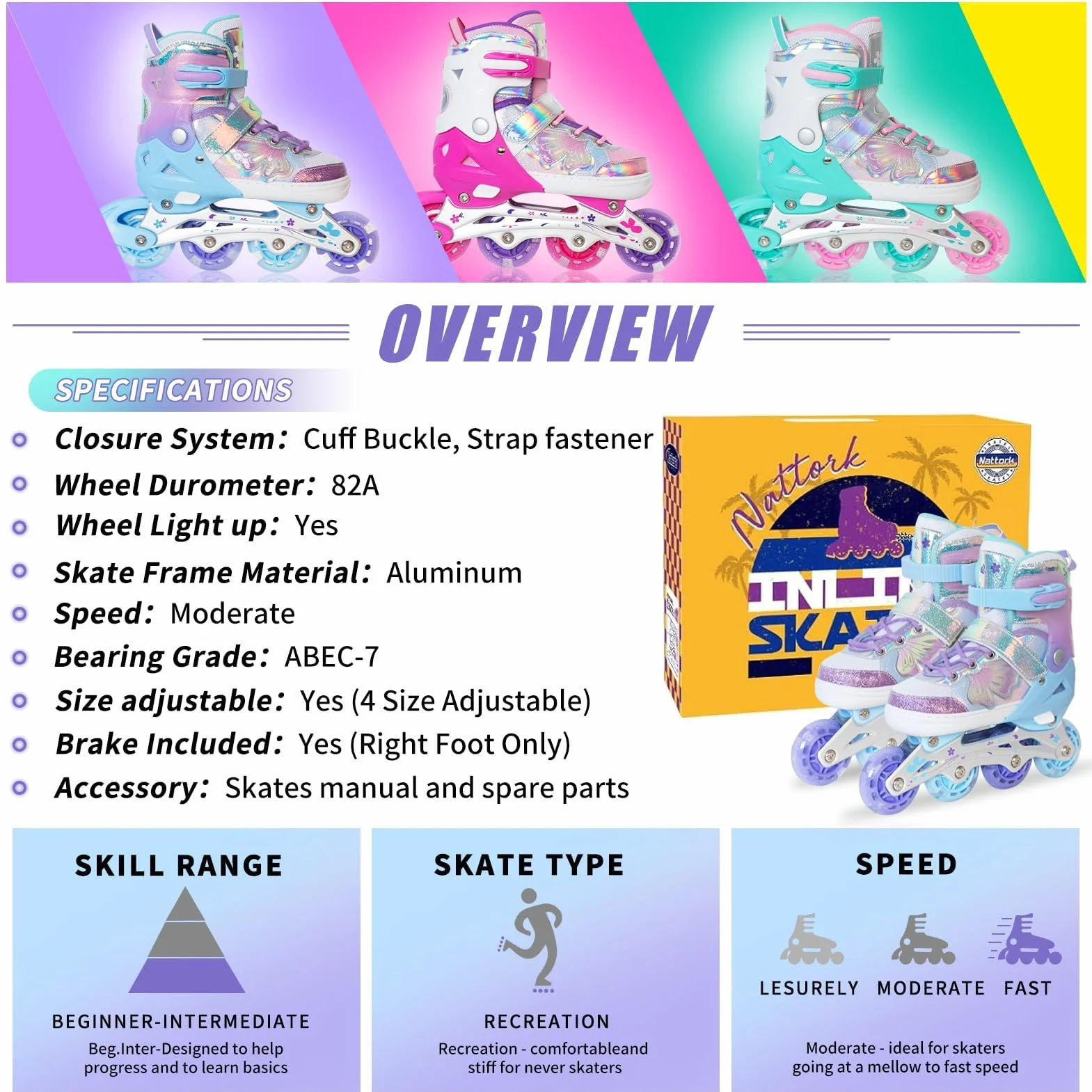 Patinaje en línea para niños Patines Ajustables Rodillos Mariposa niñas 6-12