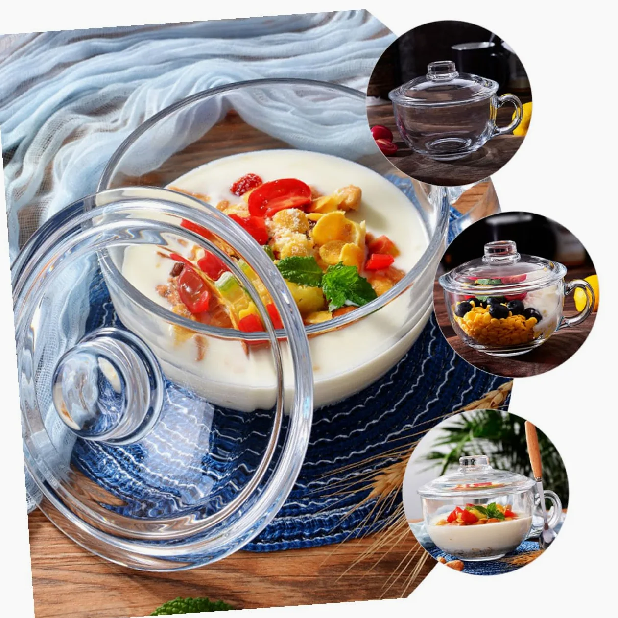 SHOWERORO Tazón de Vidrio Transparente con Tapa y Asa Cuenco para Ensalada Postre y Desayuno Resistente y Elegante para Uso Diario y Reuniones Familiares