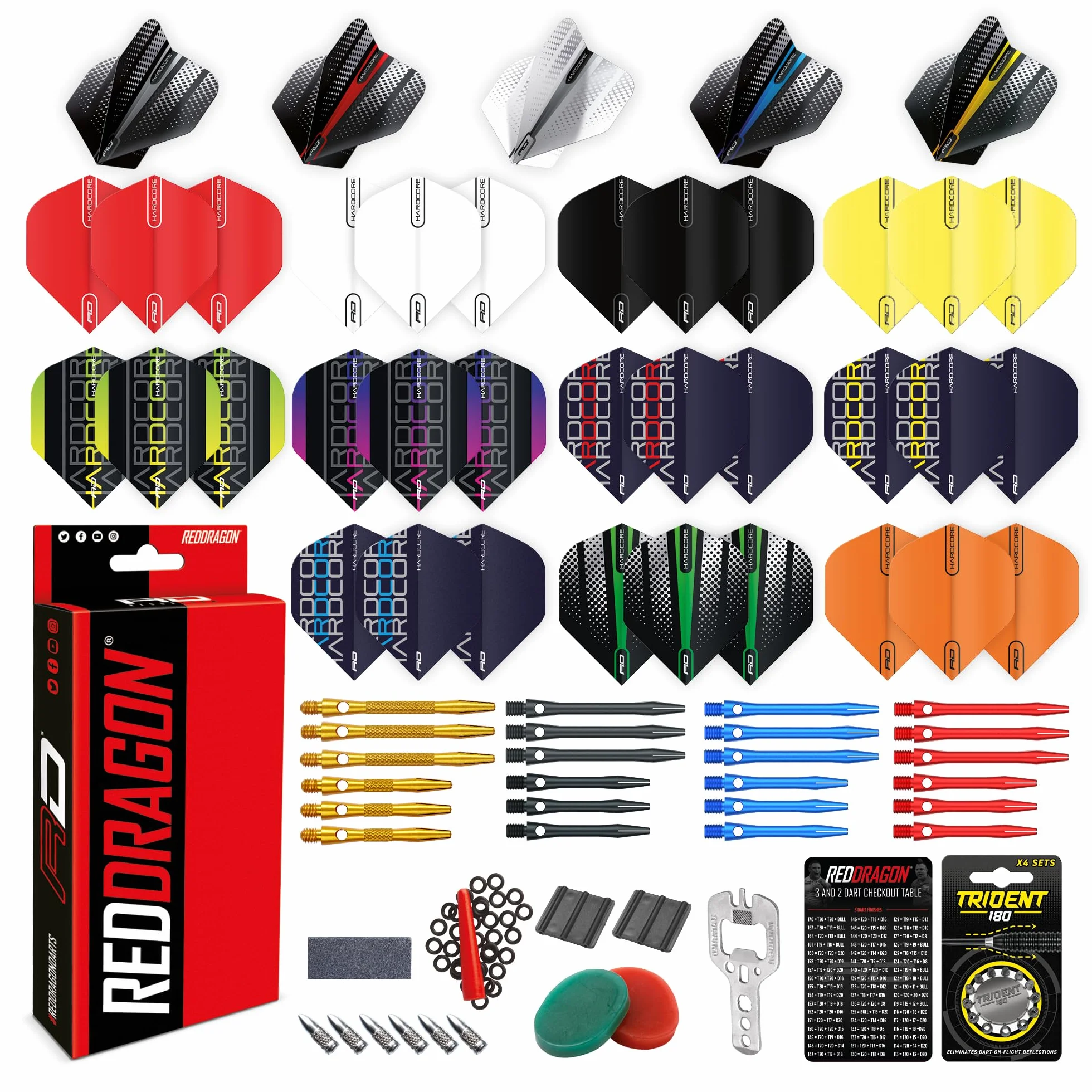 RED DRAGON Dardos - Paquete de accesorios de aluminio profesional - Incluye vuelos de dardos, ejes, cera de agarre de dedos, protectores de vuelo y más - Accesorios profesionales para dardos