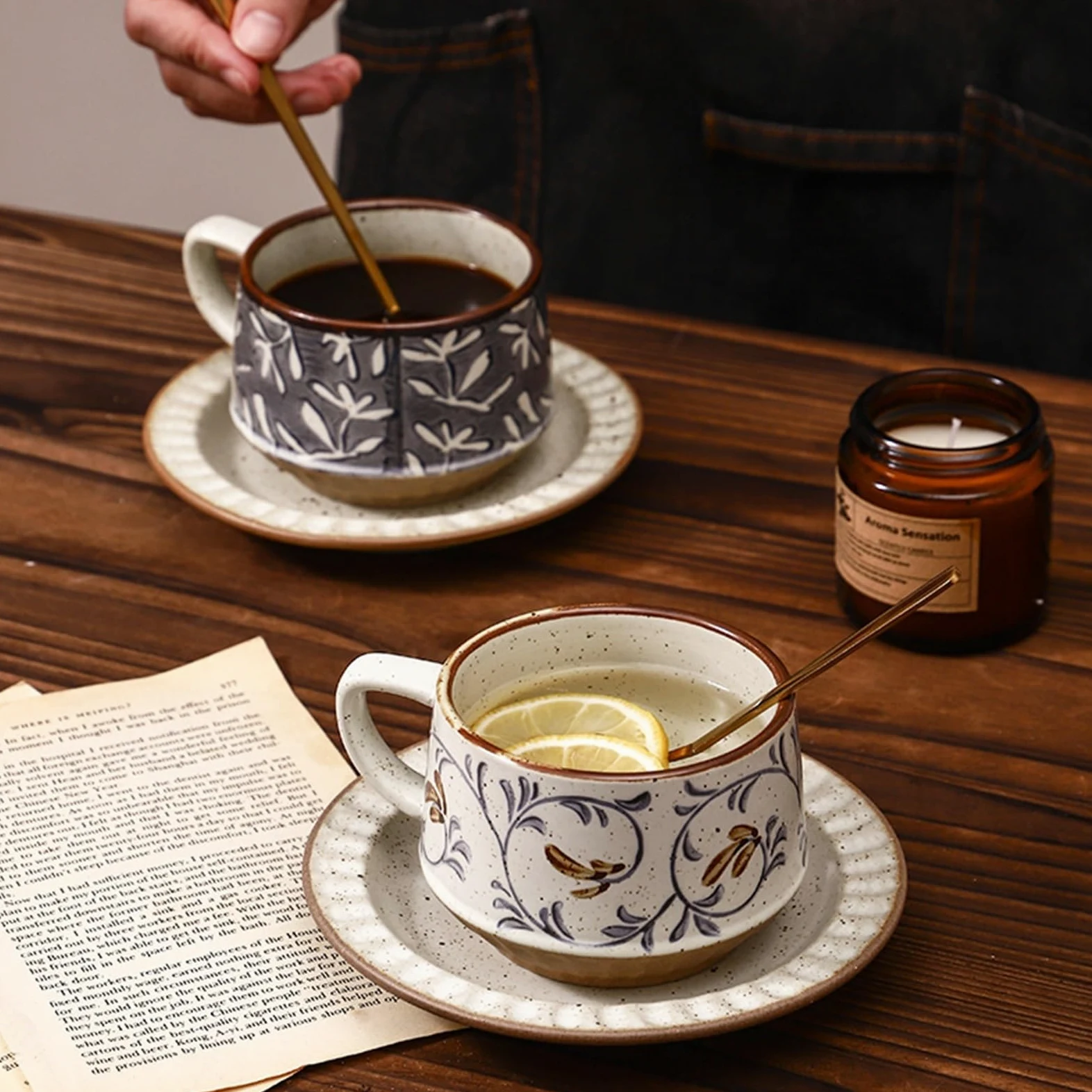 Tazas de cerámica Juego de taza café/té cerámica con diseño vintage hierba y flores, platillo cuchara, 300 ml Taza de café