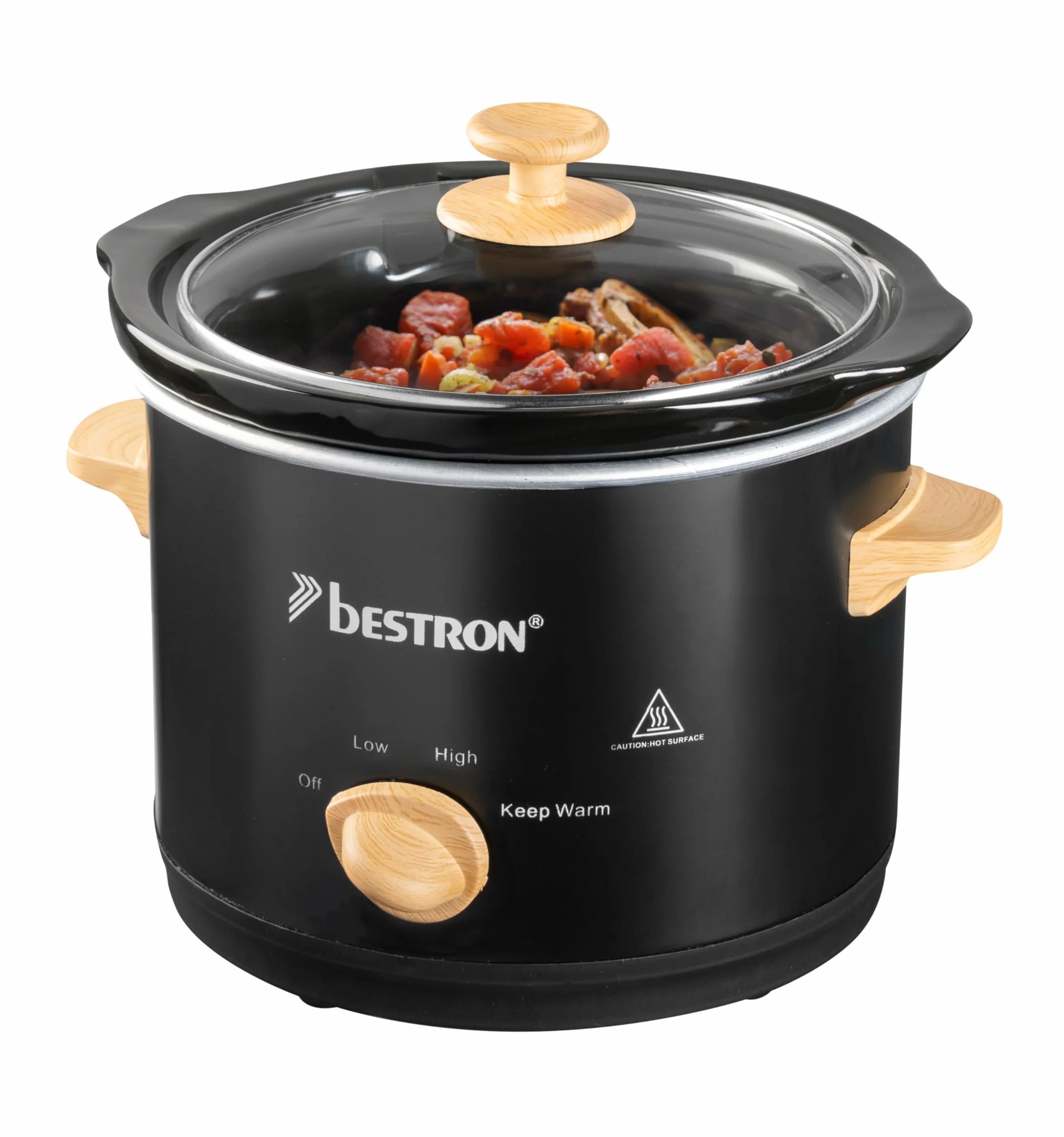 Bestron Slowcooker 1.5 L Olla de Cocción Lenta con Cacerola de Cerámica y Tapa de Vidrio, Termostato 3 Niveles, Negro/Madera