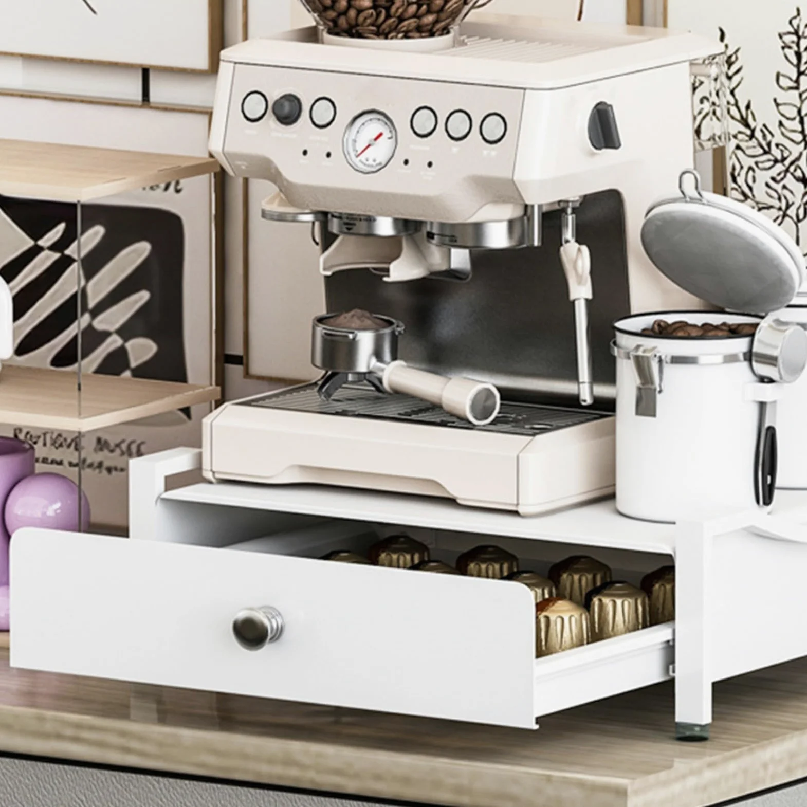 Soporte resistente para máquina de café de acero al carbono con cajón deslizante para almacenamiento de cápsulas y accesorios, organizador de cocina (S)