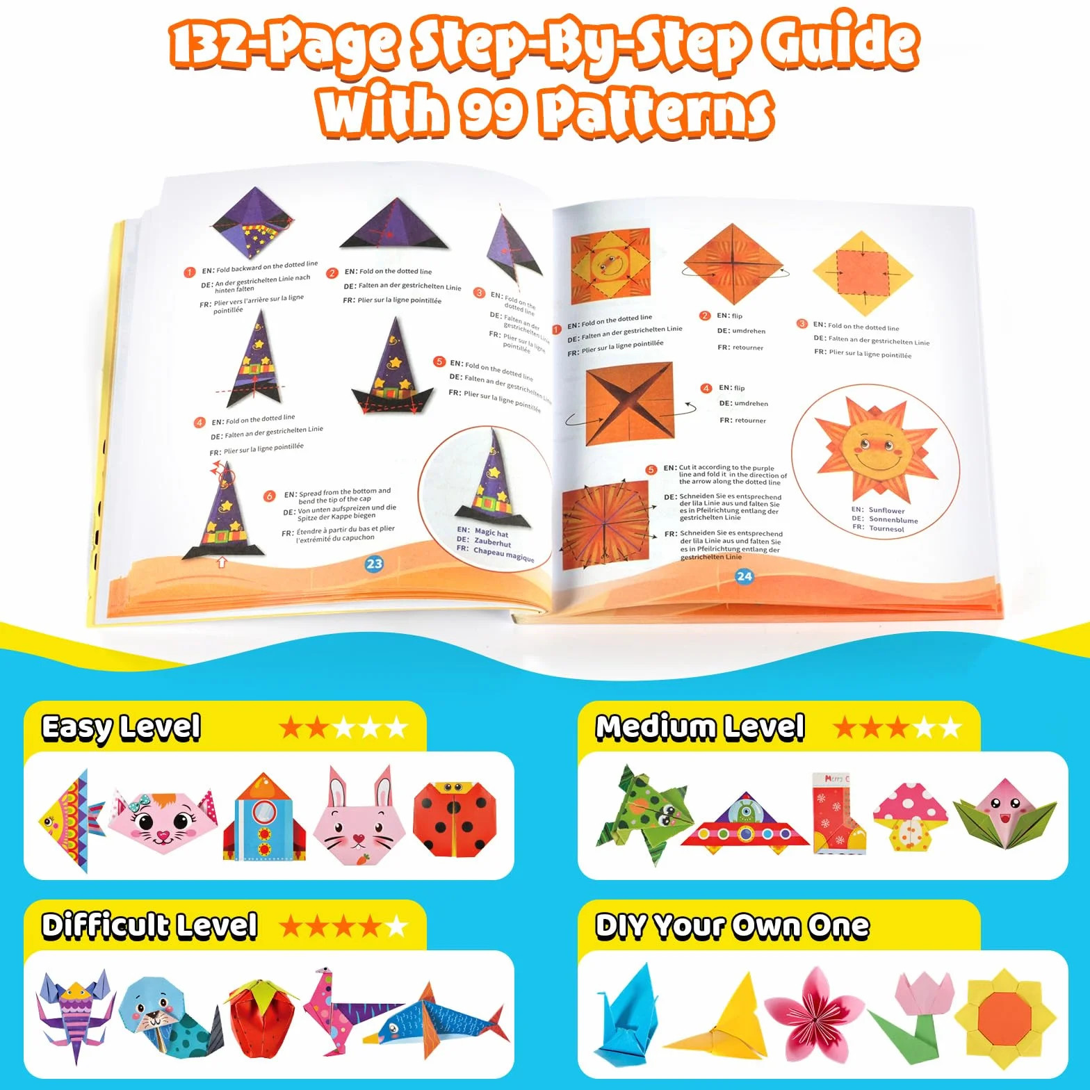260 hojas de papel de origami, juego de origami para niños de 6 a 12 años con 99 patrones y libro de guía, kits de manualidades de papel plegable, suministros para niños y niñas, juguetes, avión de