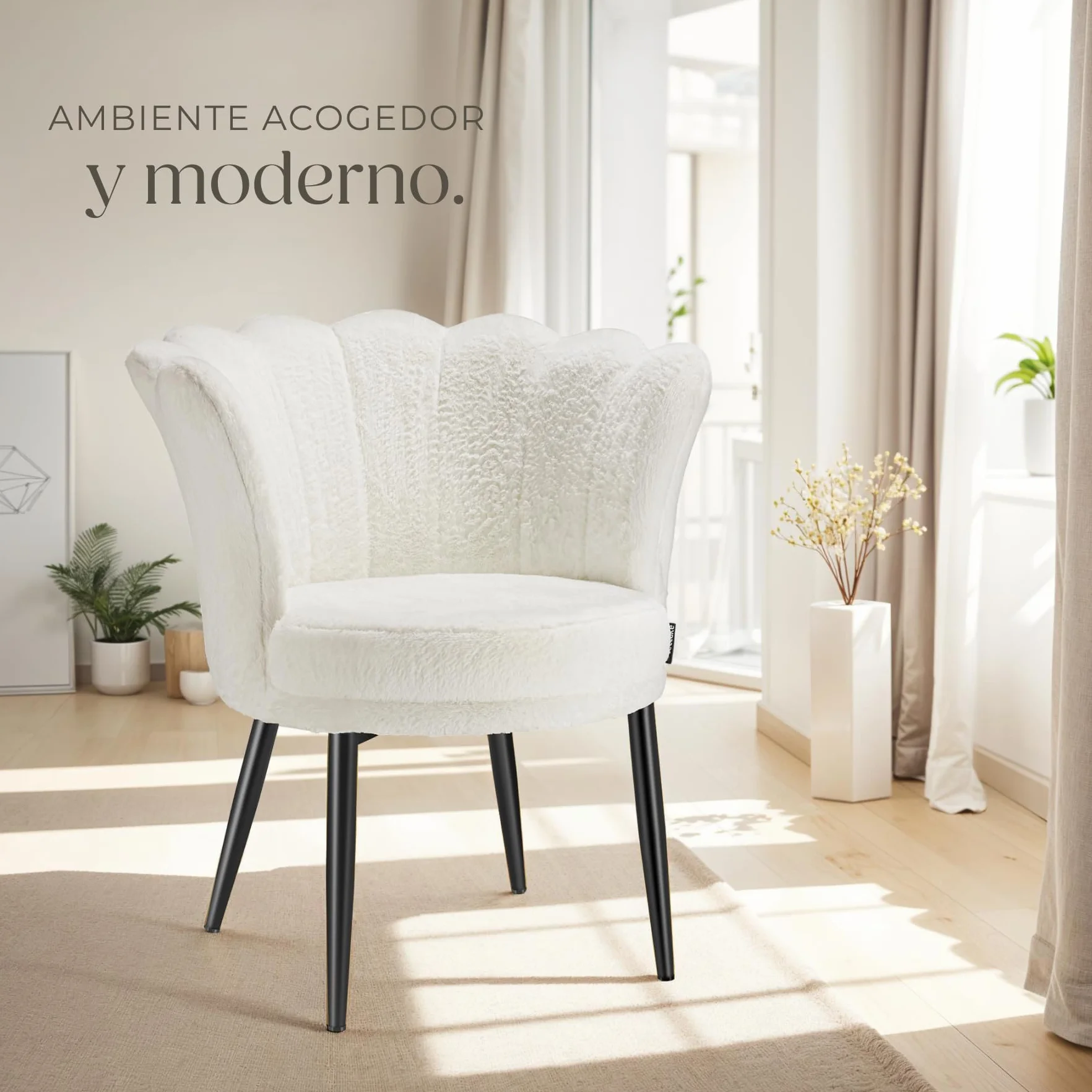 tectake® Sillón Tapizado con Acolchado Grueso, Butaca Salón con Respaldo Curvado en Forma de Flor, Sillón de Lectura con Patas de Acero, Tapas Antideslizantes, Silla Oficina - Terciopelo, Crema/Negro