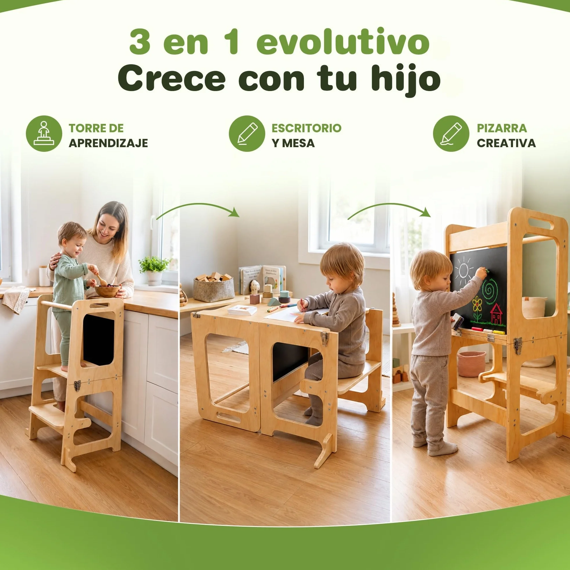 Torre de Aprendizaje Plegable 3 en 1 Madera Natural Mesa Montessori 2 Años