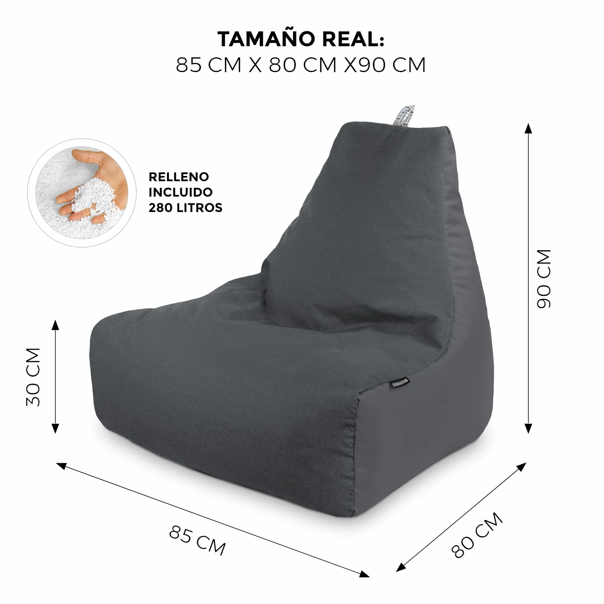 HAPPERS Puff Sillón Naylim Mate con Relleno Incluido para Exterior e Interior Transpirable y Resistente| Asiento Relax Ergonómico para Terraza, Jardín y Salón | 85x80x90 cm Gris