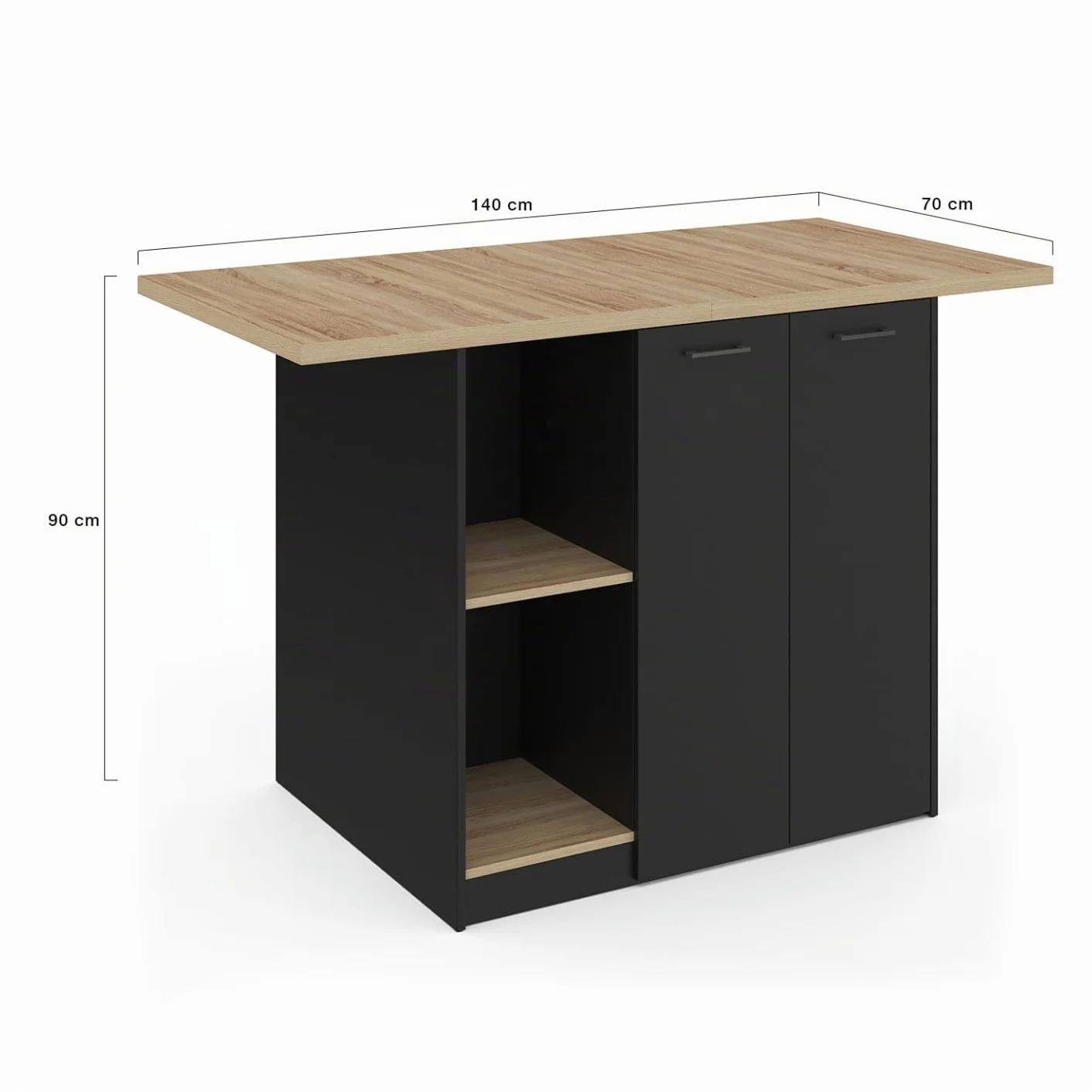 IDMarket – Ilot central BAO 140 cm 4 personas madera negra con encimera de haya