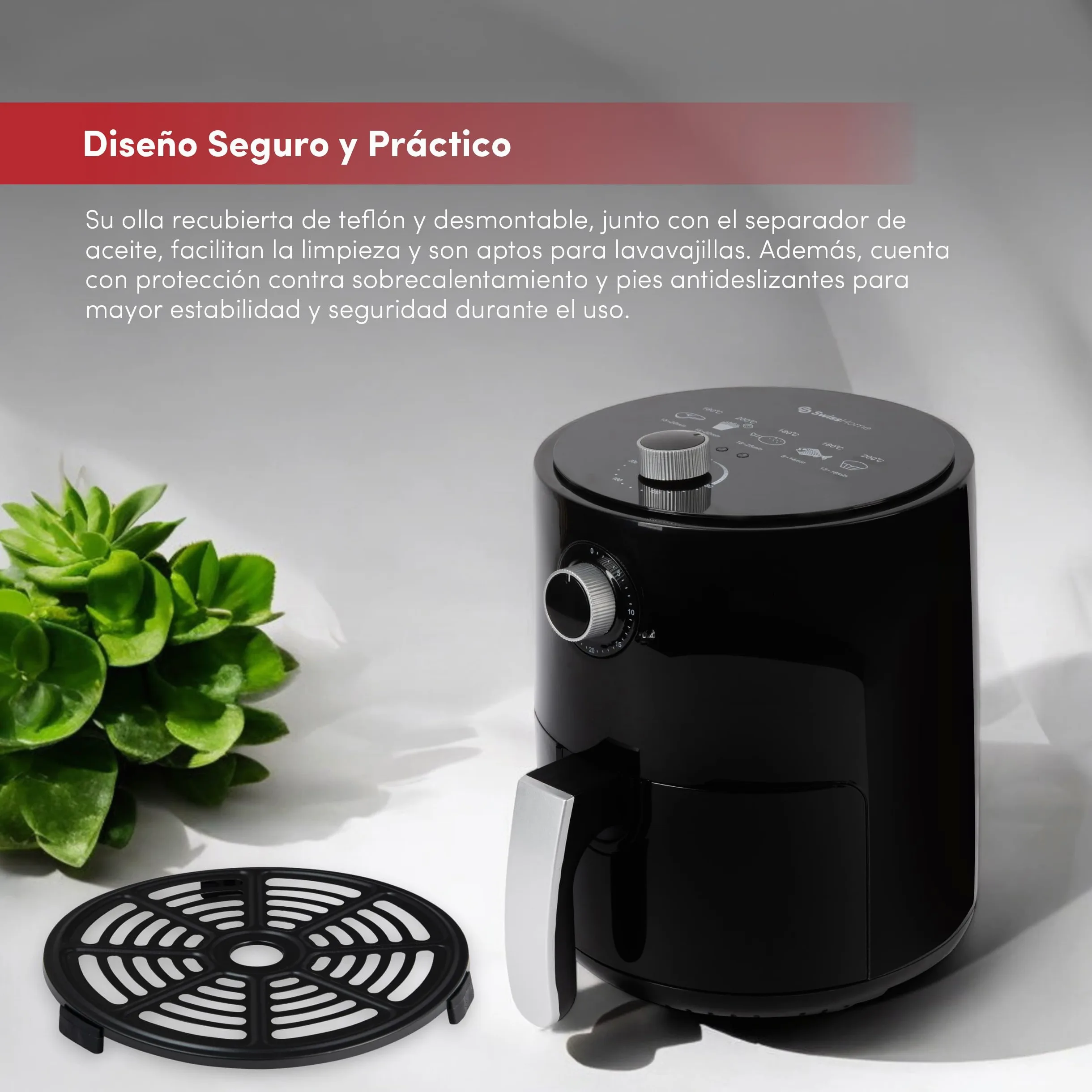 Freidora de aire 2.5L 1200W con temporizador de 30min y mango antideslizante SwissHome