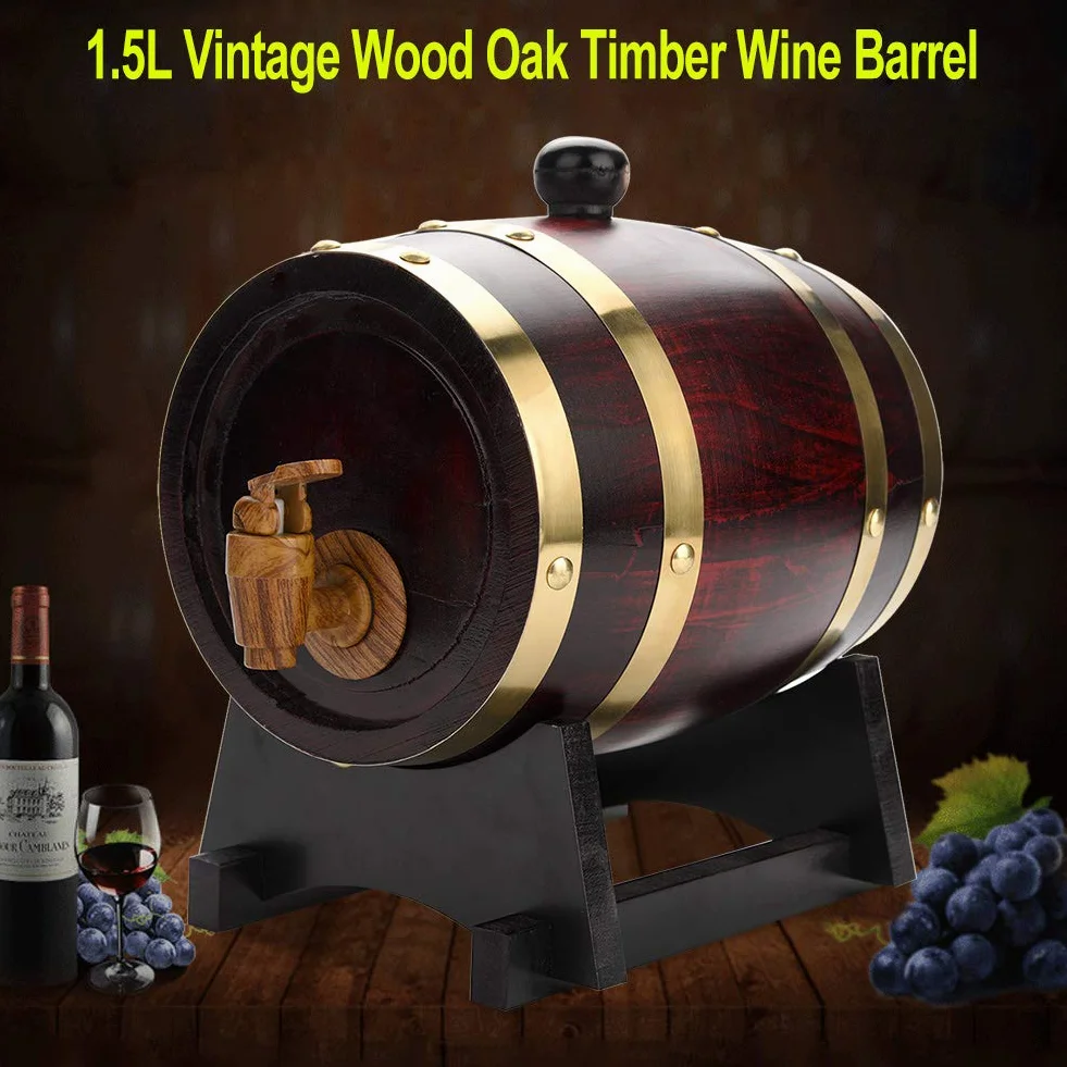Wakects Barril de Roble de 1,5 Litros, Madera Envejecida Vintage, Dispensador de Vino para Cerveza, Whisky, Ron