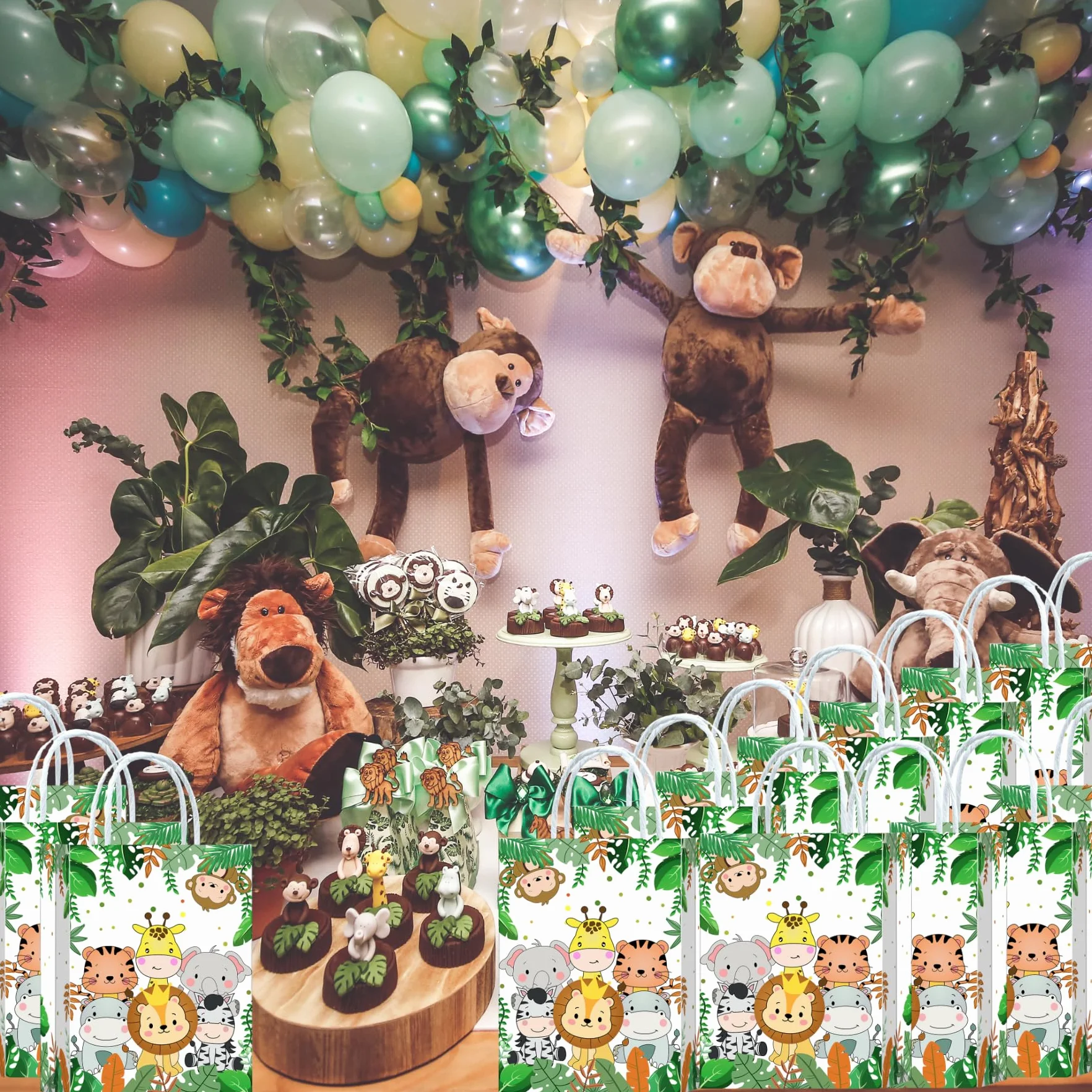 10 bolsas para fiestas Jungle Safari, bolsas de regalo Jungle Safari, bolsas de papel con asas, bolsas de regalo de cumpleaños con animales, bolsas de regalo de papel con animales