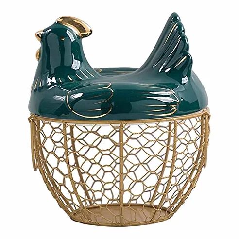 Cesta de almacenamiento de huevos, cesta de alambre de metal con tapa en forma de gallina, soporte de cerámica para 30 huevos