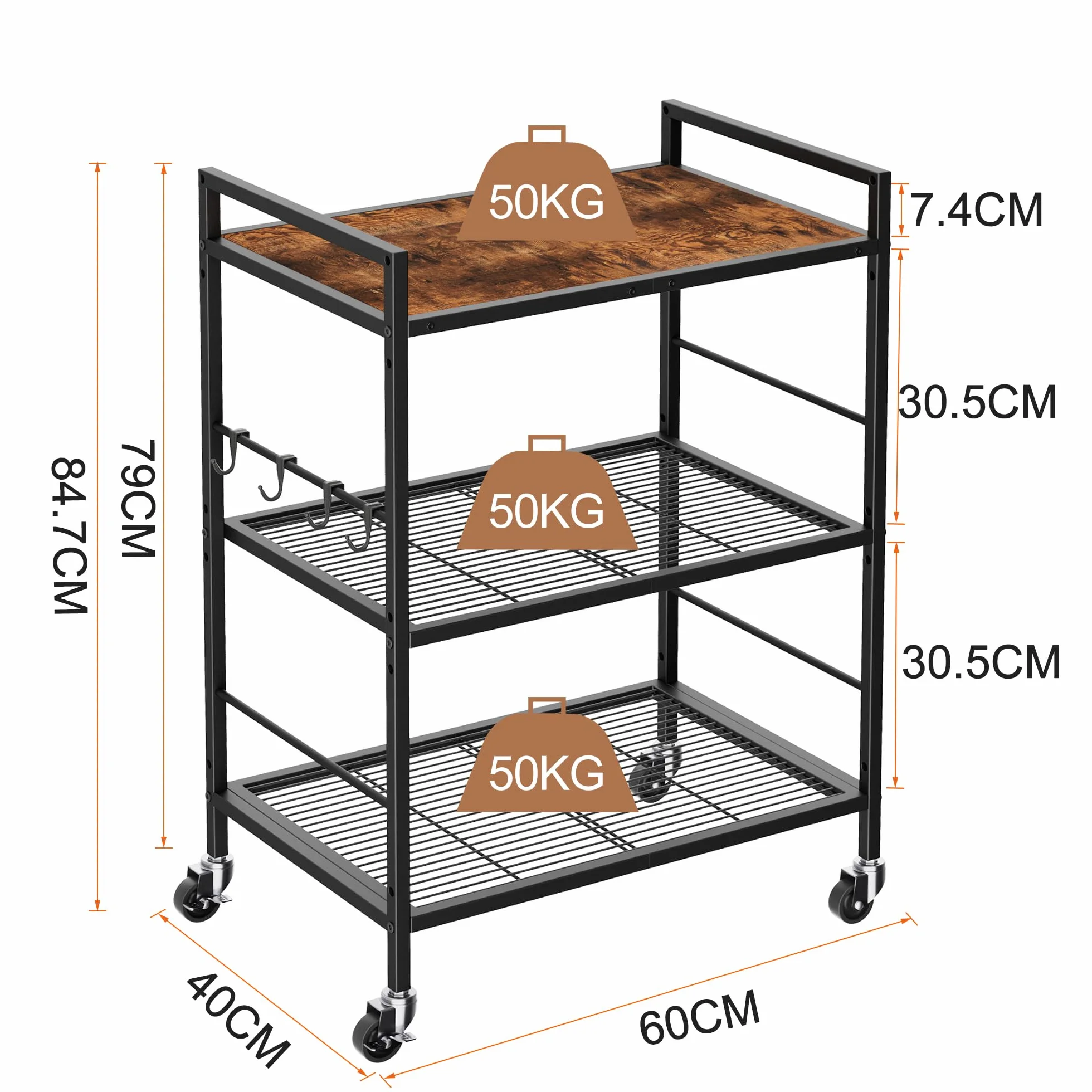 Carro Cocina de 3 Pisos con Estantes Ajustables，Carros de Servicio (Estructura Negra + Panel marrón, 3 Niveles (40 x 60 x 84,7 cm))