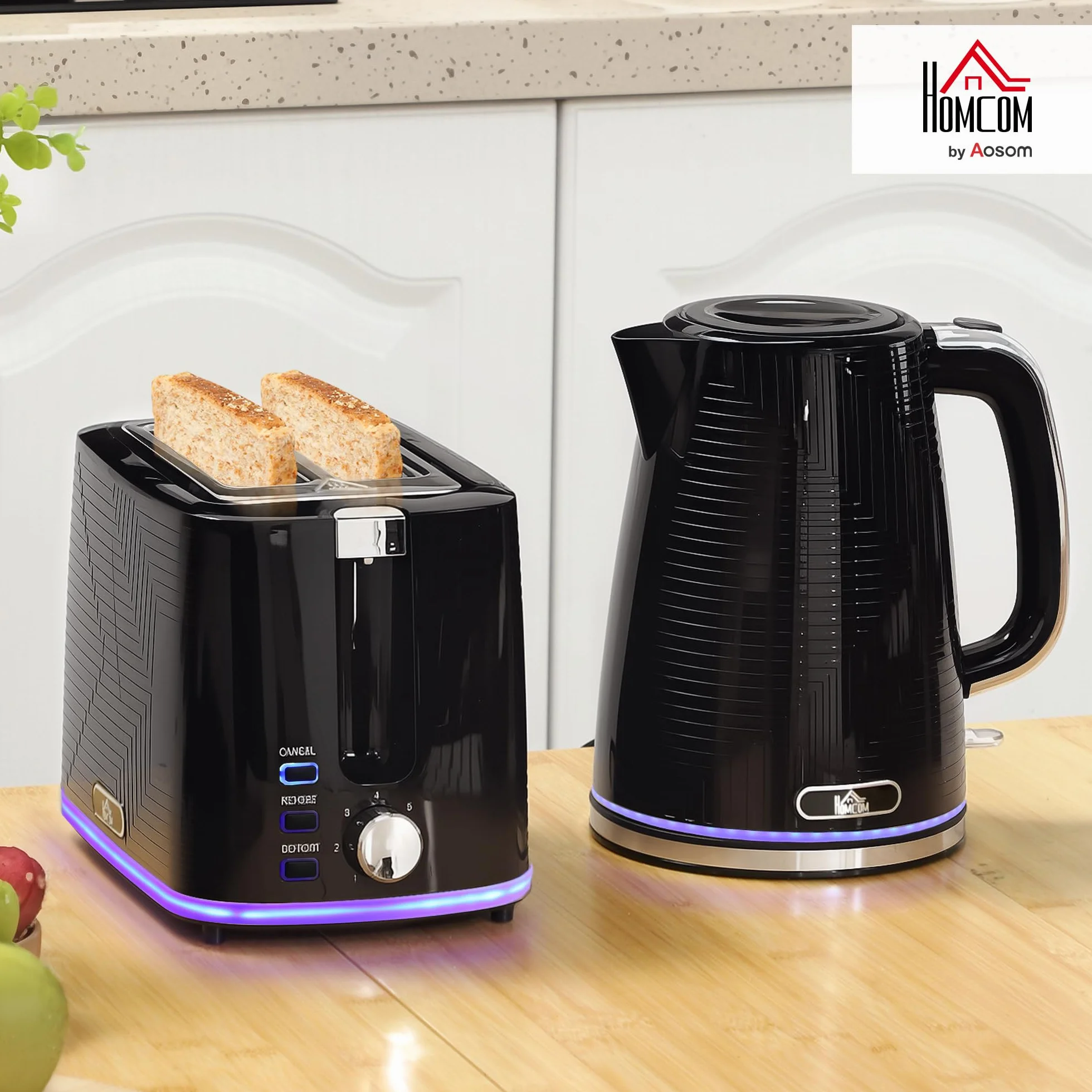 HOMCOM Set Tostador Hervidor Acero Inoxidable 1.7L Tostador 2 Discos 2200W Set Desayuno con Termostato Otter, 7 Niveles de Dorado, Descongelar, Recalentar, Bandeja recogemigas, Filtro antical Negro