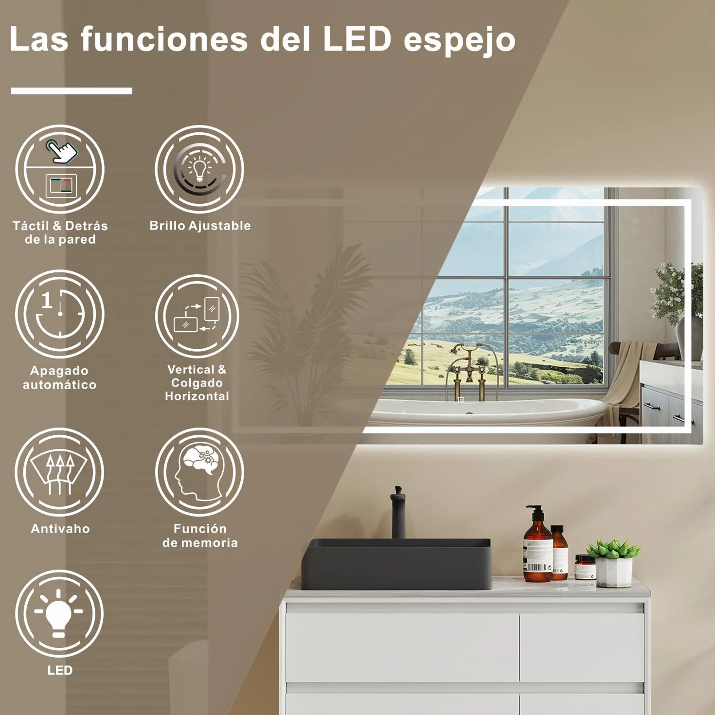 Aica Sanitaer Espejo de baño con LED, 100 x 80 cm, con iluminación LED, función de Memoria, Brillo Regulable y función antivaho. Superficie del Espejo de Alta definición, Horizontal o Vertical.