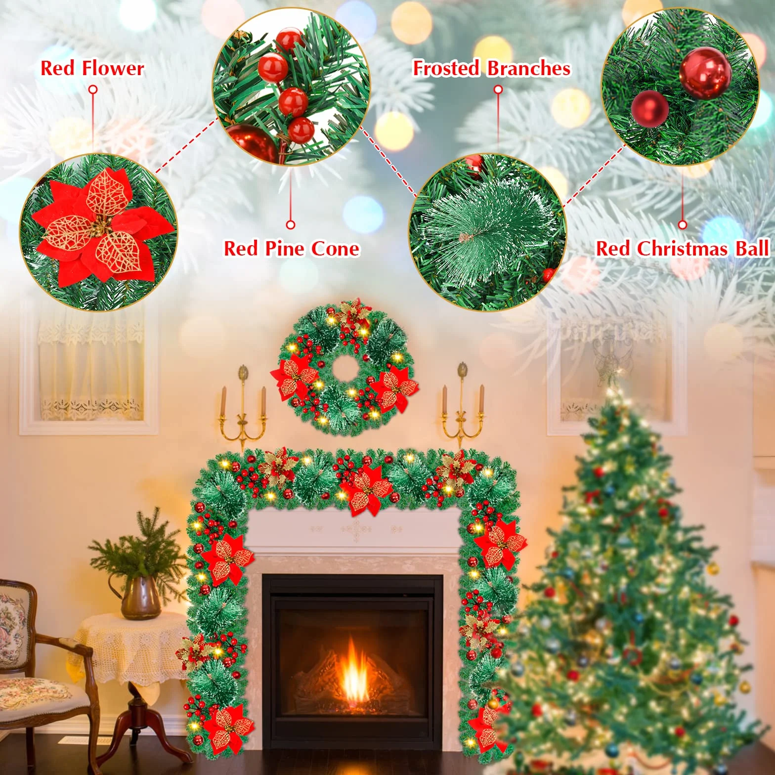 Guirnalda de Navidad, 2,7 Metros Guirnaldas navideñas con Luces LED, Corona de Frutos Rojos para Escaleras Chimeneas Puertas, Guirnaldas navideñas Artificiales Decoración Interior Exterior