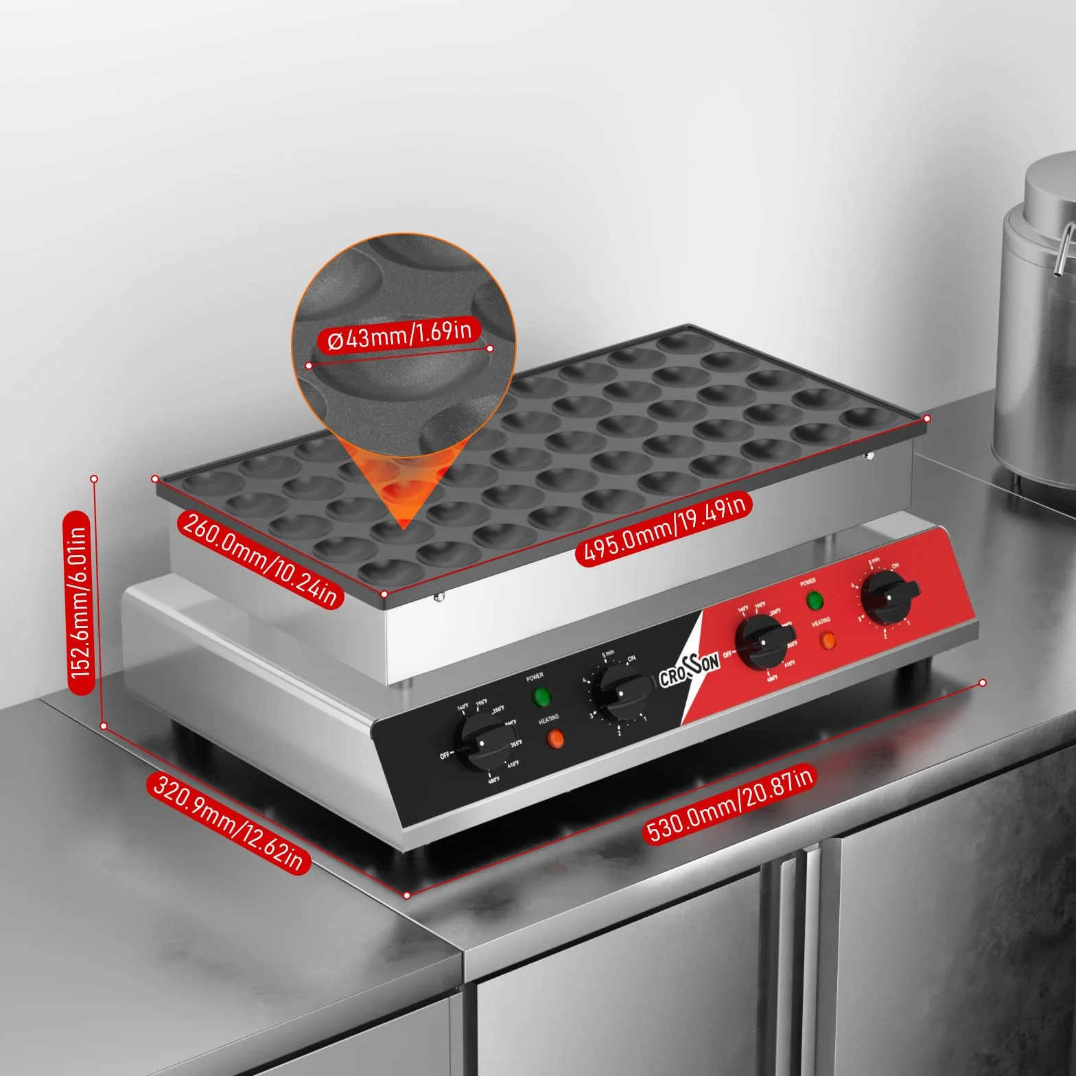 CROSSON Maquina para 50 Mini Pancakes 43 mm Diámetro,Mini Máquina para Hacer Panqueques Holandesa con Revestimiento Antiadherente,Temporizador y Temperatura para Tortitas,Dorayaki y Poffertjes