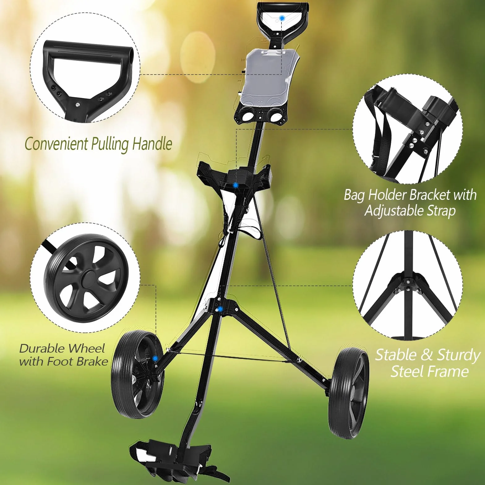 LIFEZEAL Carro de Golf Plegable con 2 Ruedas, Marcador, Correa Ajustable y Freno de pie