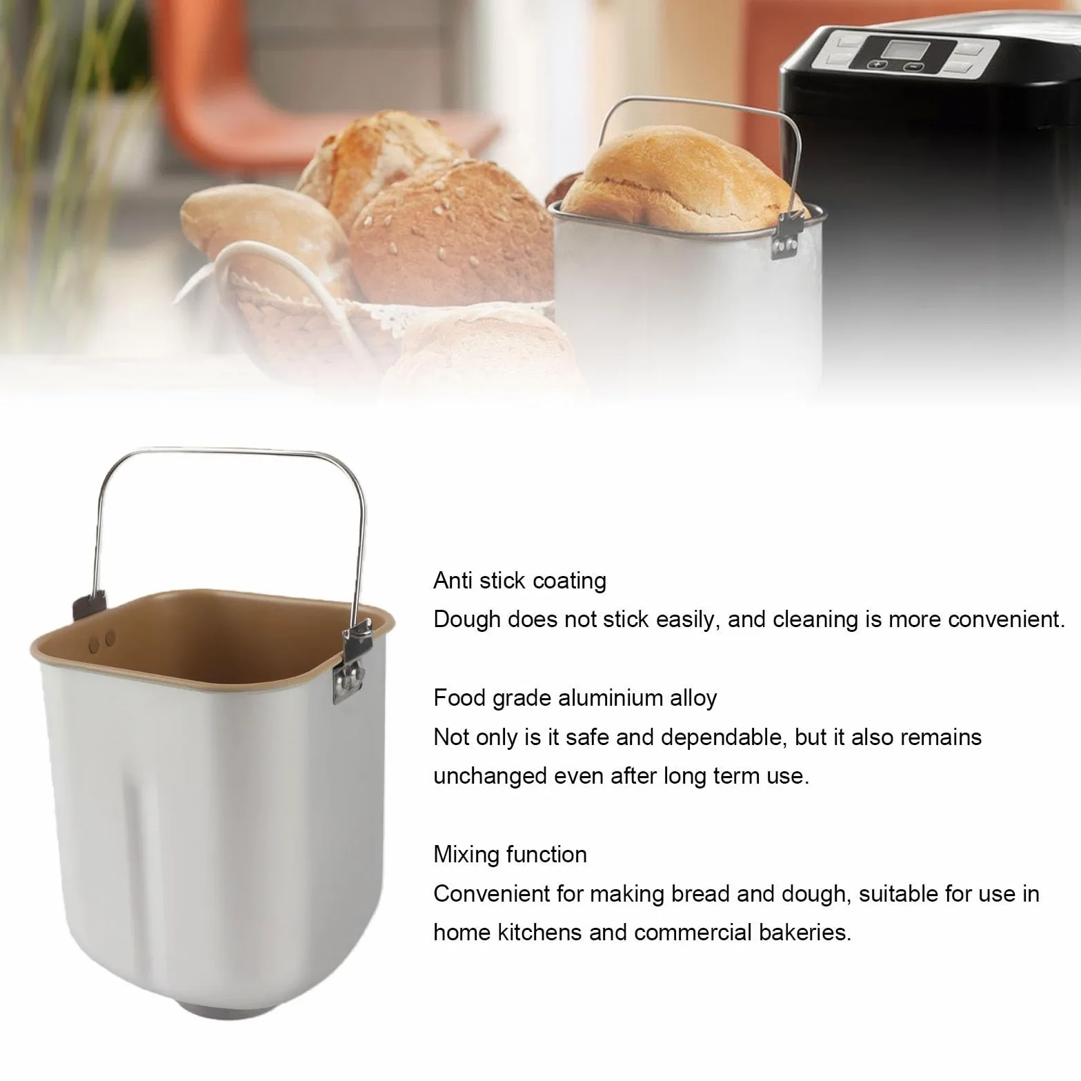 Cubo para Máquina de Pan Premium con Revestimiento Antiadherente para Hornear sin Esfuerzo - Aleación de Aluminio de Grado Alimenticio 580 G